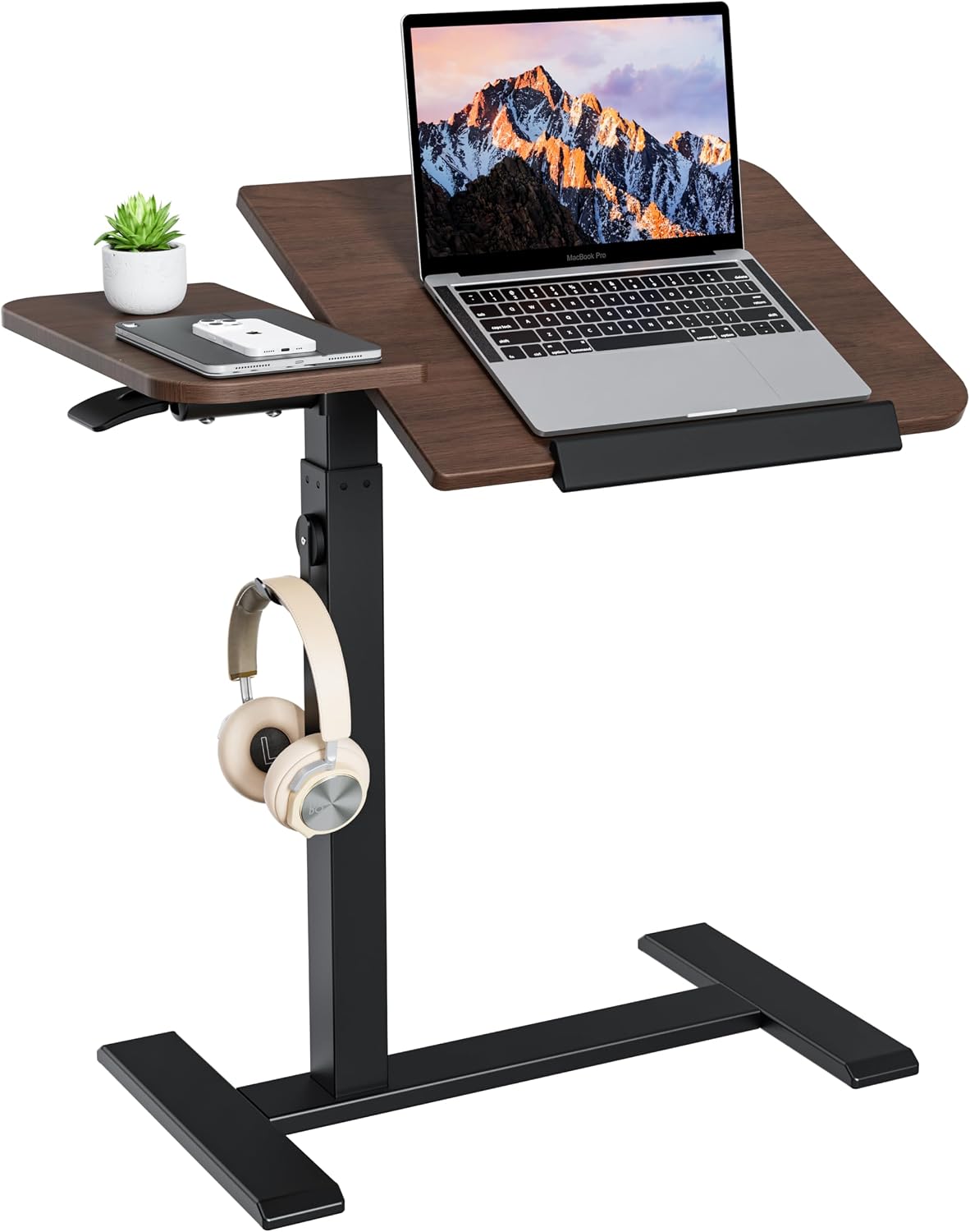 ETHU Overbed Table with Tilting Top, Medical Table with Wheel Height Adjustable - Laptop Bedside Table with Locking Wheels for Hospital, Home, and Office (Walnut)