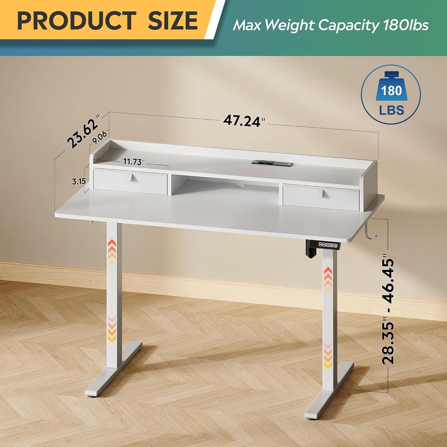 DEVAISE 48×24 Inch Electric Standing Desk with Drawers, Computer Desk with 3 Adjustable Height, Storage Shelf, Built-in AC & USB Outlets and Memory Preset, Sit to Stand Desk for Home Office, White