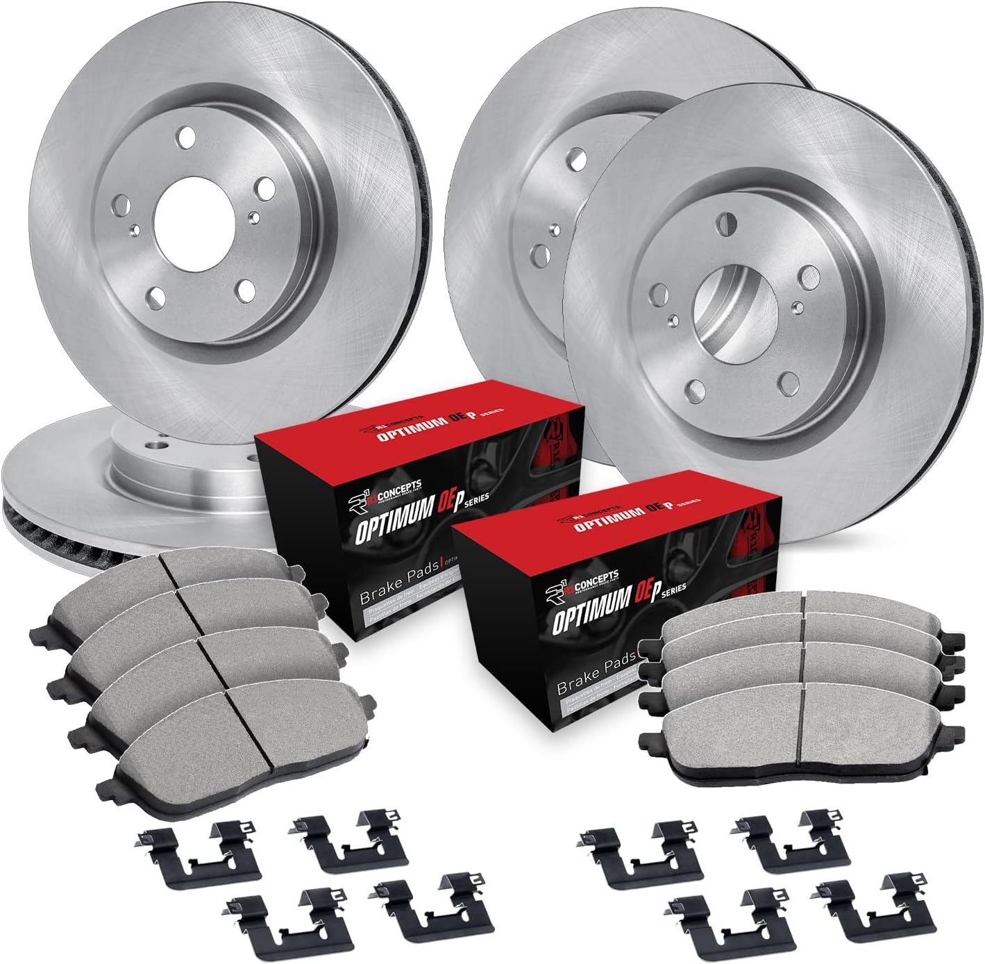 R1 Concepts Front and Rear Brake Kit Fits 2019-2025 Lexus ES300h, ES350, Toyota RAV4; 2019-2022 Lexus UX200, Toyota Avalon| Optimum Oep Pads, Blank Rotors| Hardware| 12.0' Front & 11.1' Rear
