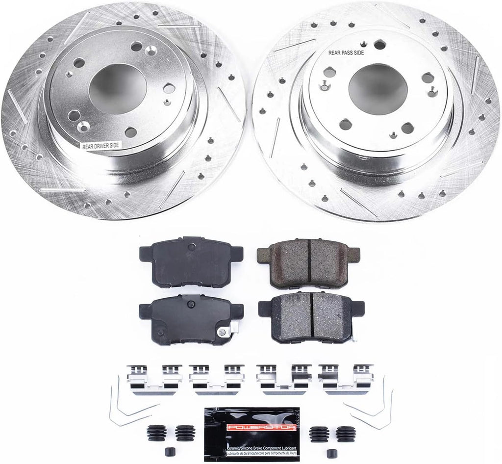 PowerStop Rear Brake Kit for Acura TSX 2011-14 | Honda Accord 2011-17 - Drilled and Slotted Disc Rotors with Carbon-Fiber Ceramic Brake Pads Replacement, K5368