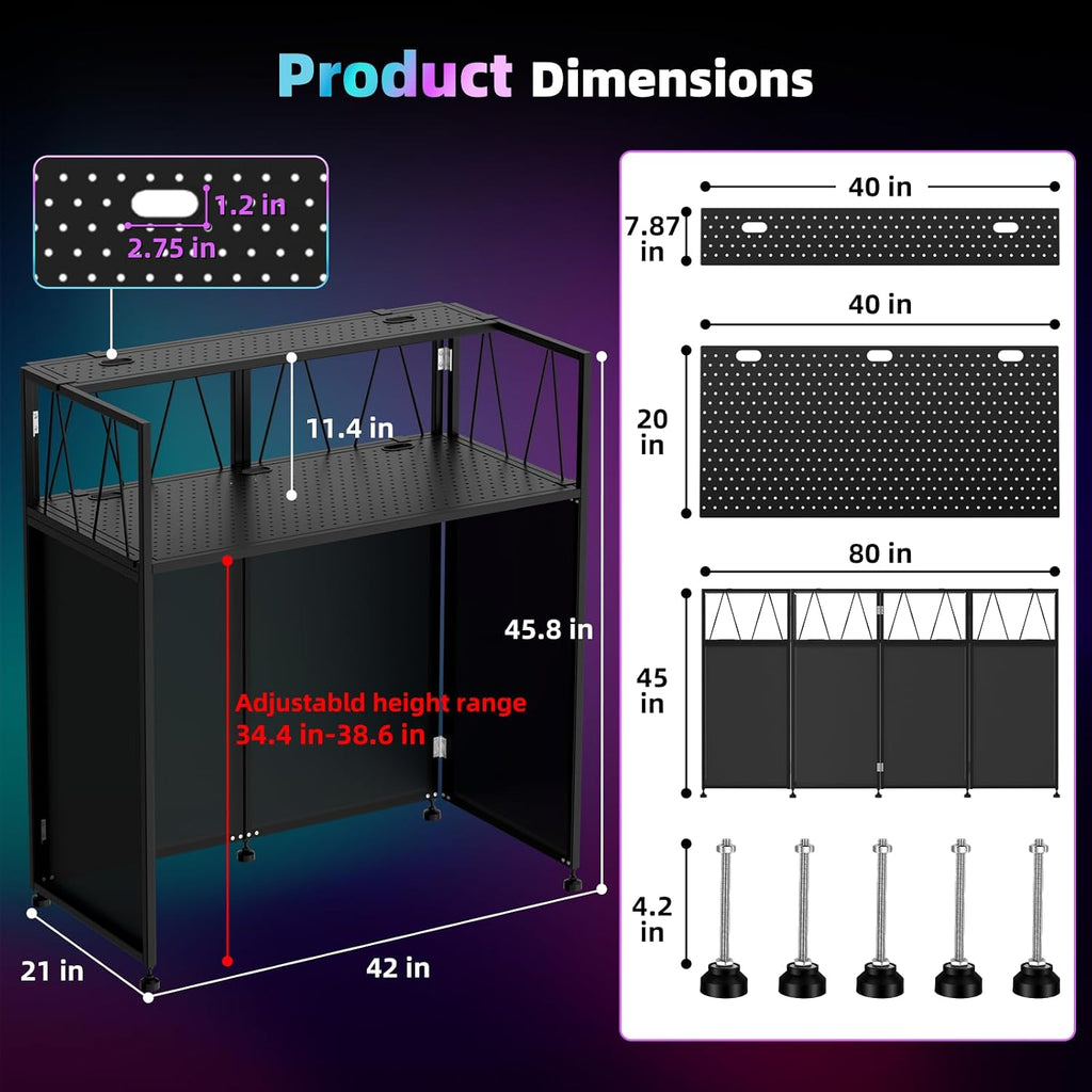 Portable DJ Table Stand, Tool-Free Setup Foldable 40' x 20' DJ Stand Booth w/ 2 Top Trays, Black & White Scrims, 4IN Adjustable Leveling Feet, 5 Cable Holes and Carry Bag, for Parties, Events, Studios