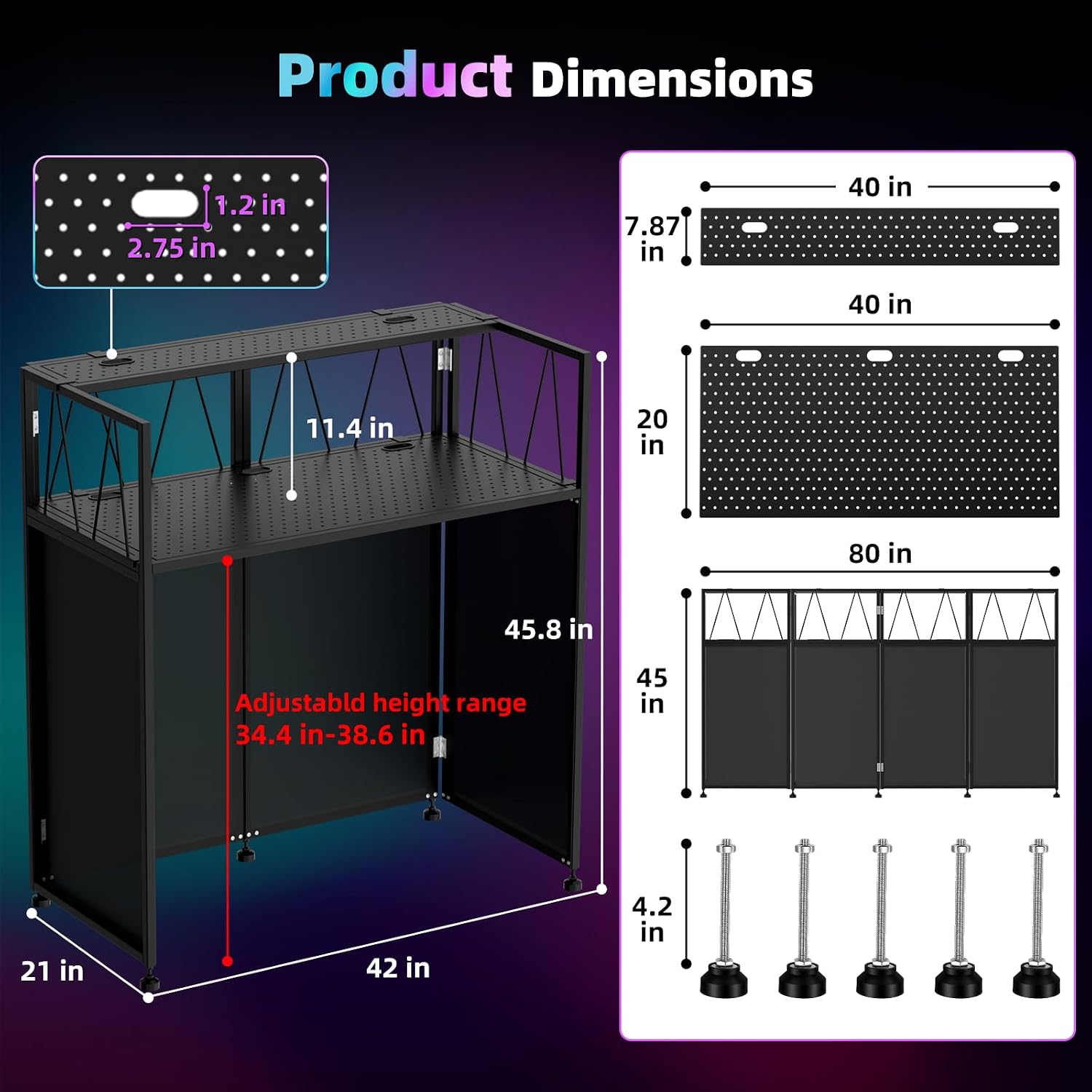 Portable DJ Table Stand, Tool-Free Setup Foldable 40' x 20' DJ Stand Booth w/ 2 Top Trays, Black & White Scrims, 4IN Adjustable Leveling Feet, 5 Cable Holes and Carry Bag, for Parties, Events, Studios