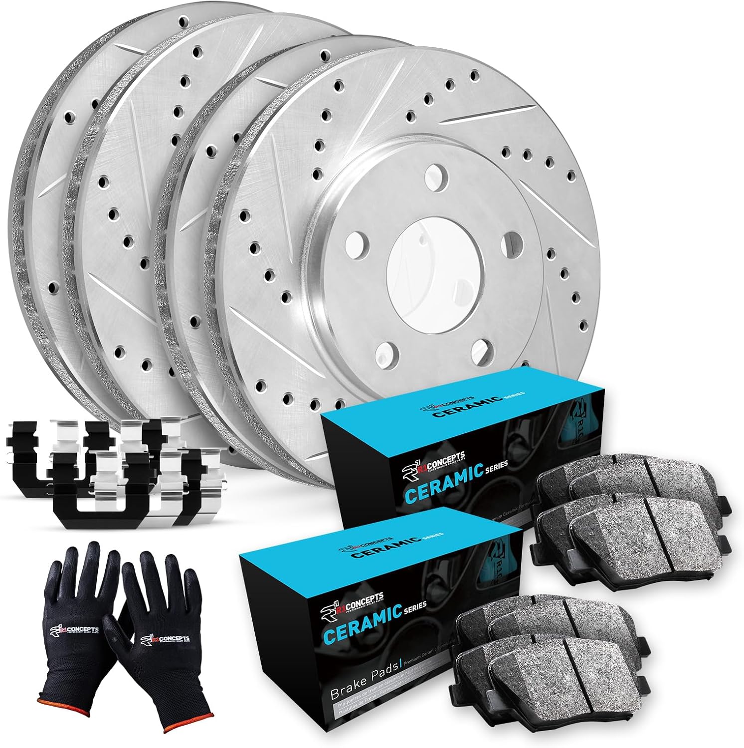R1 Concepts Front and Rear Brake Kit Fits 2009-2011 BMW 335d; 2007-2013 BMW 335i; 2011-2013 BMW 335is; 2007-2008 BMW 335xi| Ceramic Pads, Drilled Slotted Rotors| Hardware| 13.7' Front & 13.2' Rear