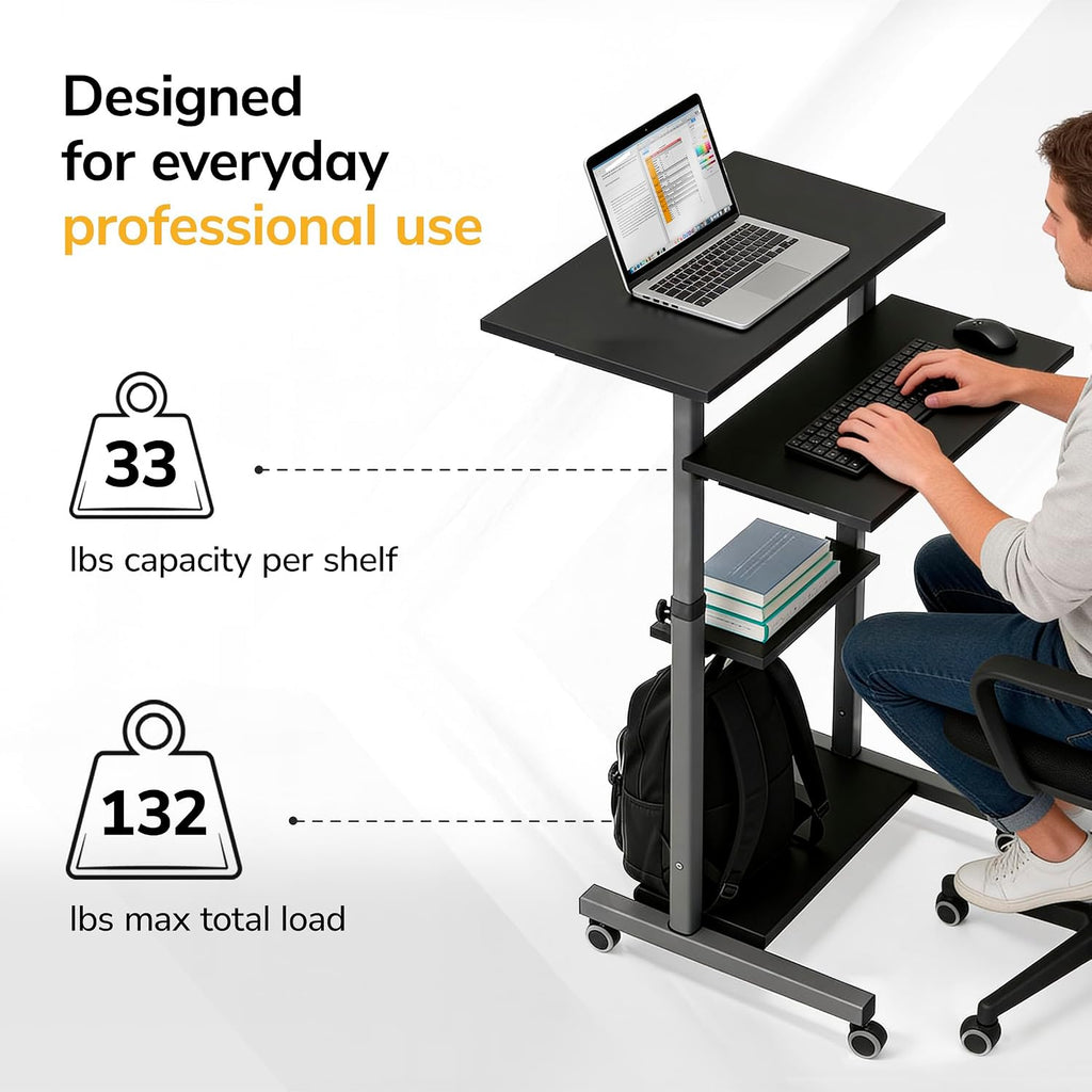 Mount-It! Rolling Desk Adjustable Height up to 54.7', Portable Standing Desk for Laptop or Podium Stand with Wheels, Mobile Roller Presentation Cart, Computer Work Station 27.5' Wide, Locking Wheels