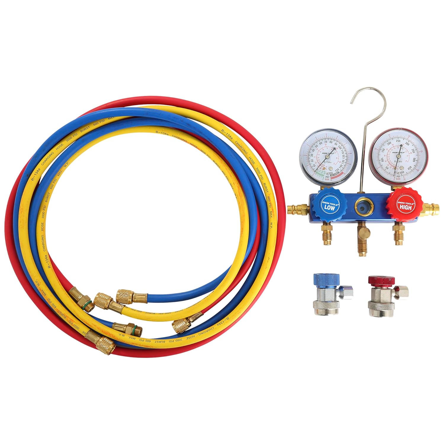 OEMTOOLS 24527 R134a Manifold Gauge Set, Automotive AC Manifold Gauge Set, Diagnostics and Refrigerant Charging, Extruded Aluminum Body, 72' Hoses, 2-3/4' Large Gauges, Manual Couplers