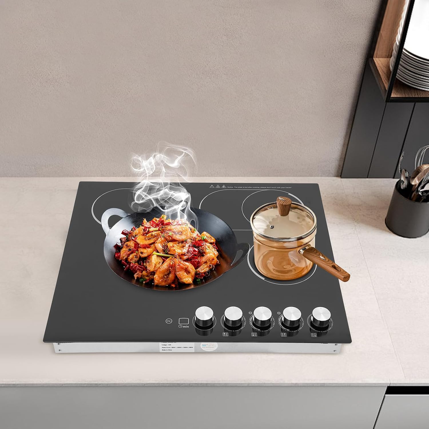 Induction Cooker, Built-In Electric Cooktop 4 Burners Electric Stove Top, 3400W Microcrystalline Panel Cooktop, 5 Power Levels, Knob Control, LED Screen, Child Safety Lock,110V