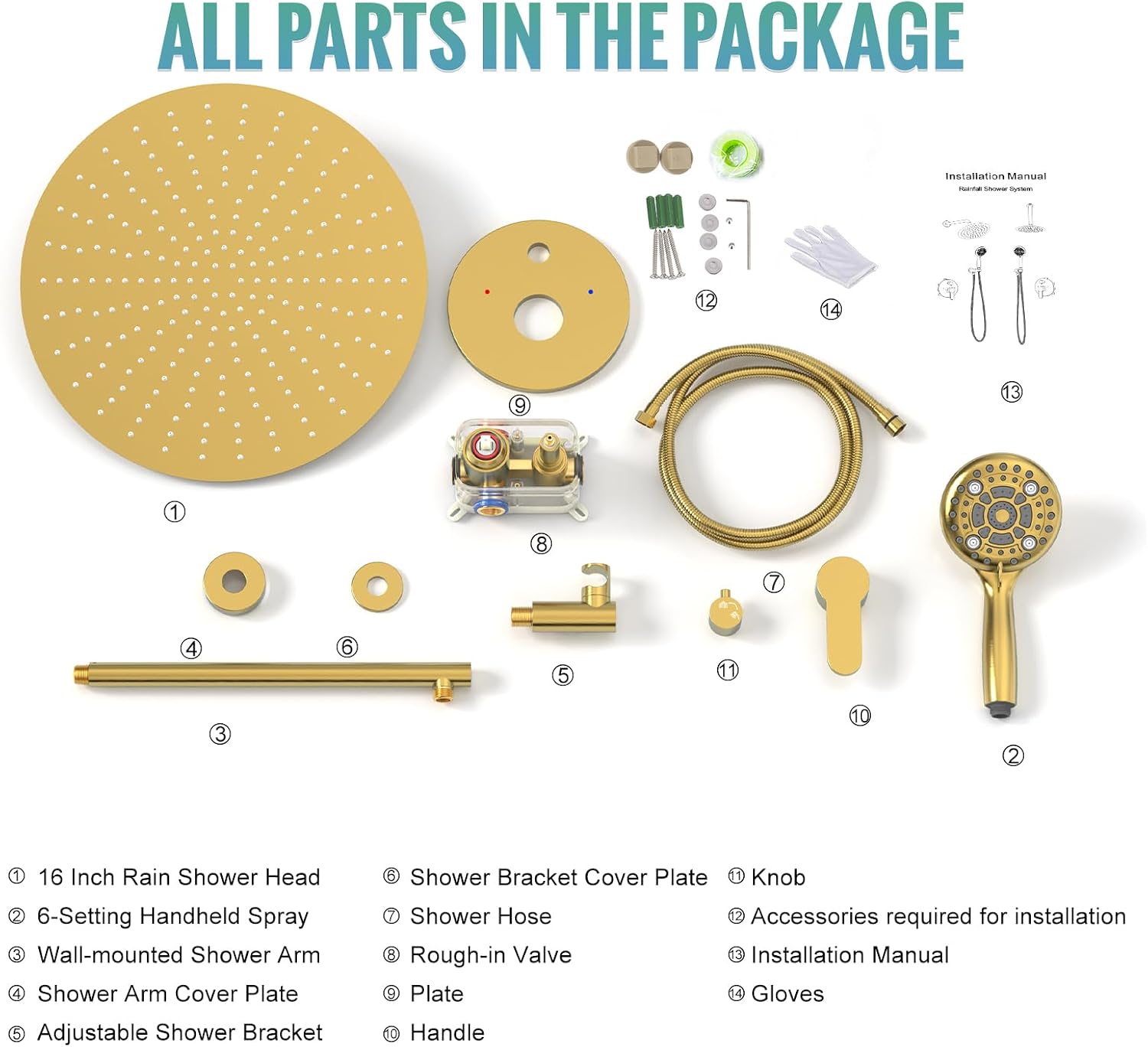 SR SUN RISE Shower Faucet - 16 Inch Multifunctional High Pressure Shower Head System with Handheld Shower Head Fixtures - Valve Included - Brushed Gold