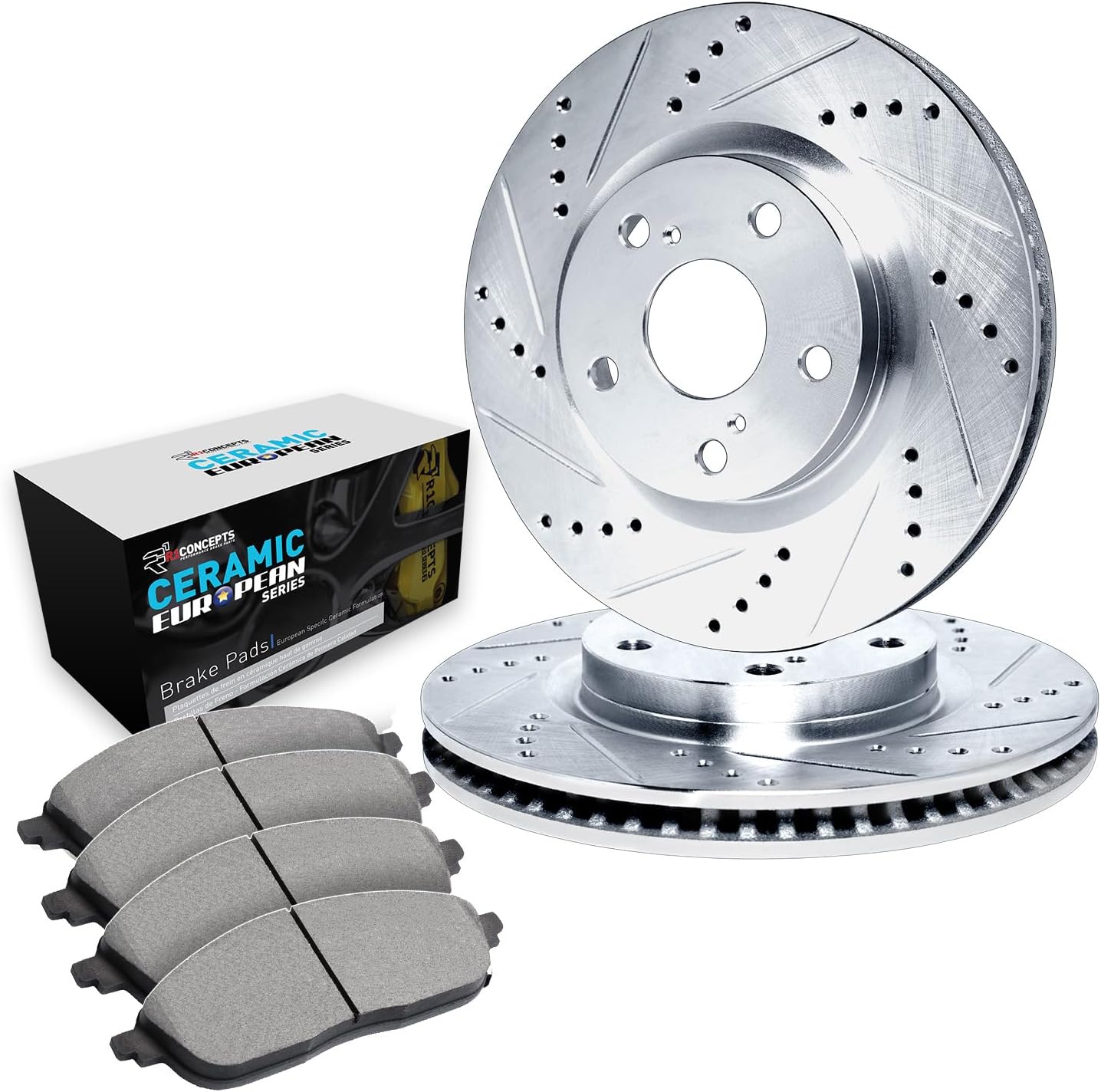 R1 Concepts Front Brake Kit Fits 2018-2024 BMW X3; 2019-2024 BMW 330i; 2019-2024 BMW 330i xDrive; 2019-2025 BMW X4|Drilled Slotted Brake Rotors| Euro Ceramic Brake Pads and Rotors Kit