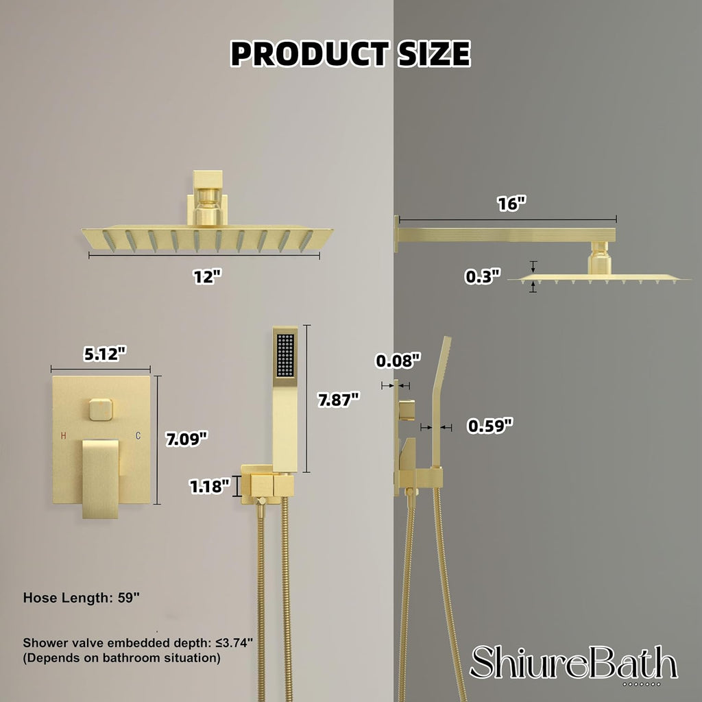 12 Inch Shower Faucet Set, Shower System with Rain Shower Head and Handheld Shower Head, Spray Wall Mounted Rainfall Shower Fixtures, Brushed Gold