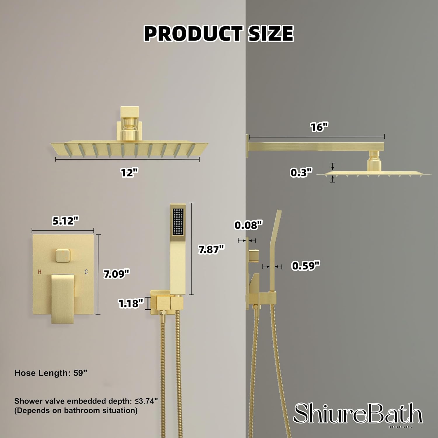 12 Inch Shower Faucet Set, Shower System with Rain Shower Head and Handheld Shower Head, Spray Wall Mounted Rainfall Shower Fixtures, Brushed Gold