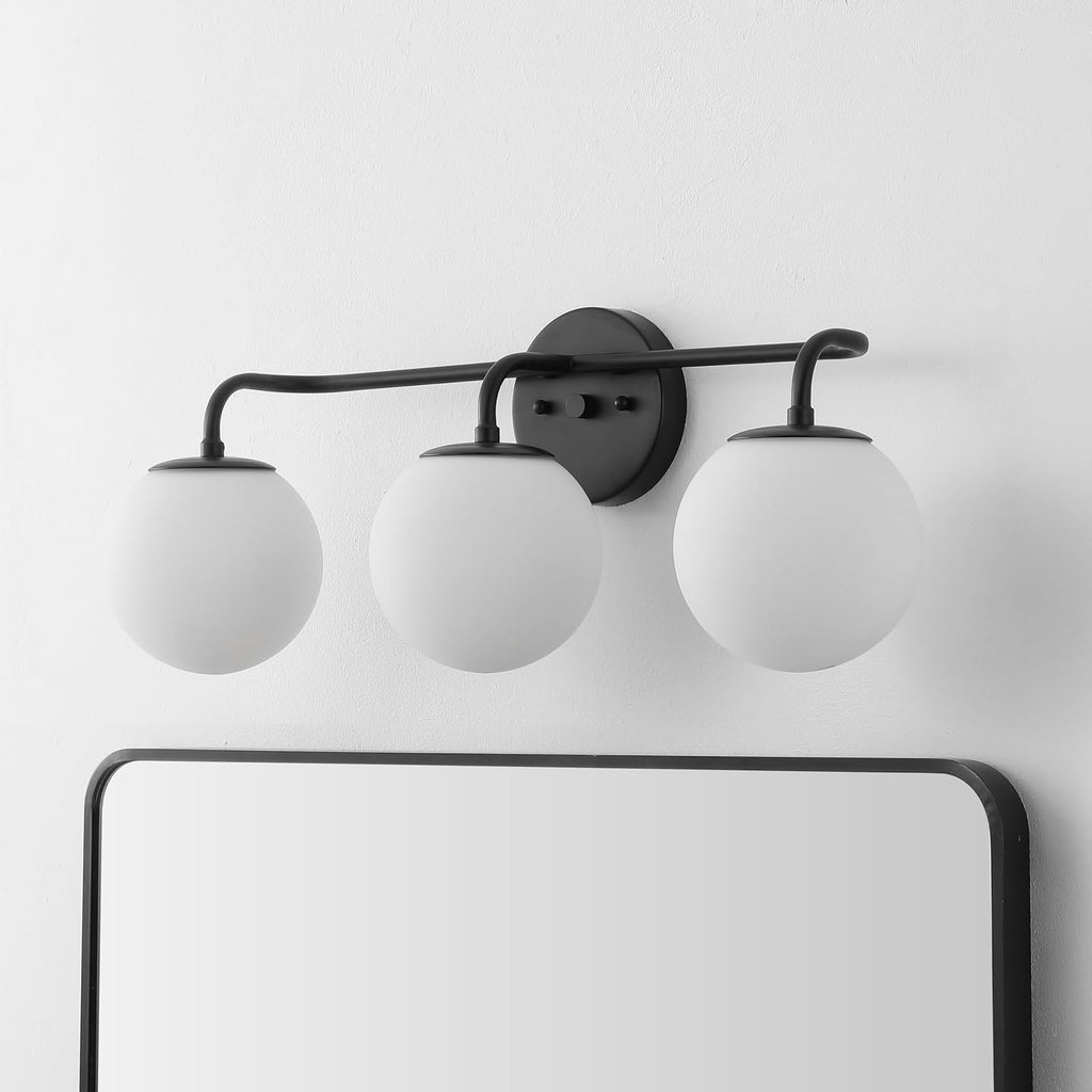 JONATHAN Y 25' Black Modern Globe Wall Sconce Vanity Light for Bathroom, White Frosted Glass Shade, Midcentury Parisian Bistro Wall Lamp, LED Bulb Included (JYL3536B)