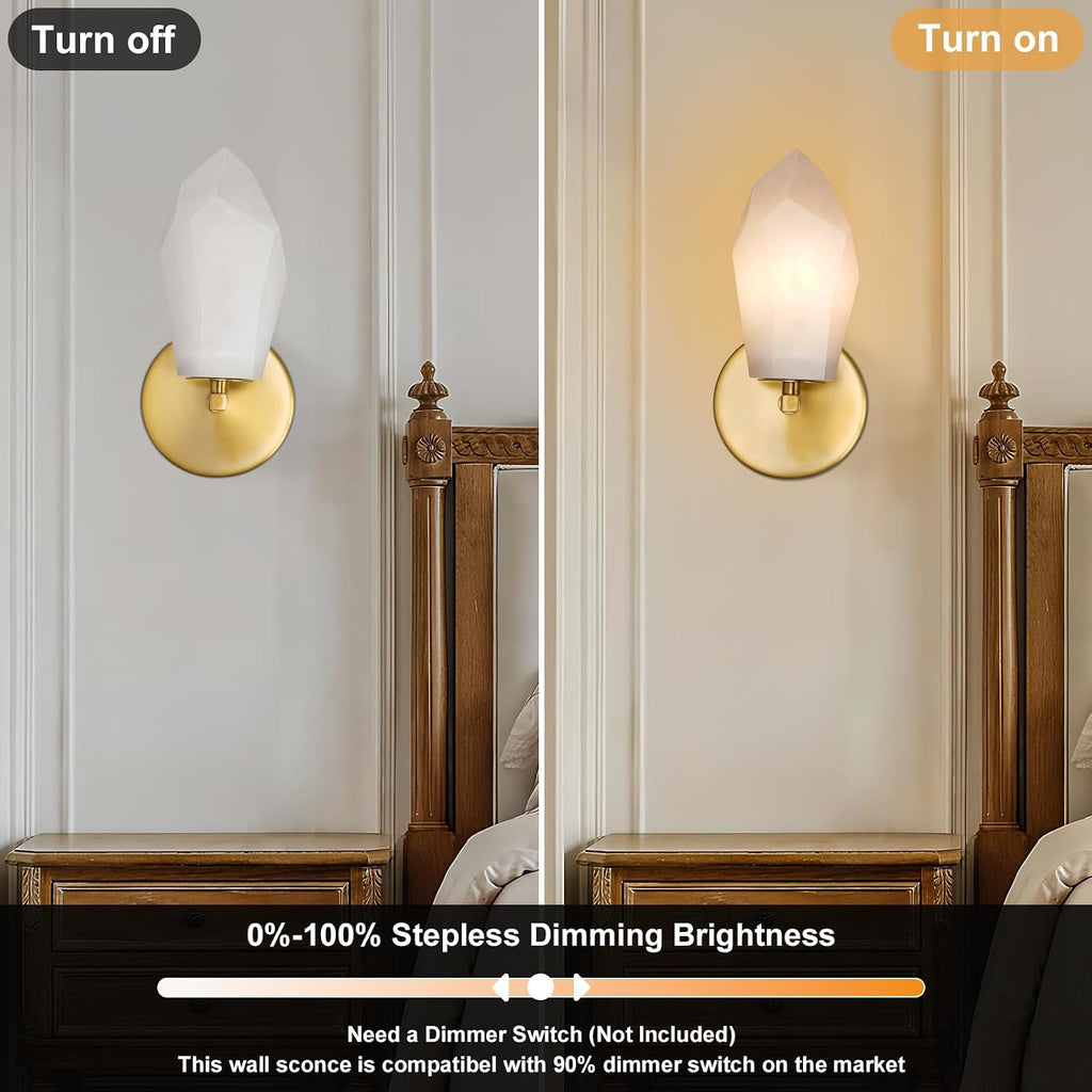 Alabaster Wall Sconces Set of Two, Spanish Marble Wall Lamp, Modern Wall Sconce for Living Room, Hardwired Wall Lighting for Bedroom, Wall Light for Bathroom Hallway Stairs, Gold