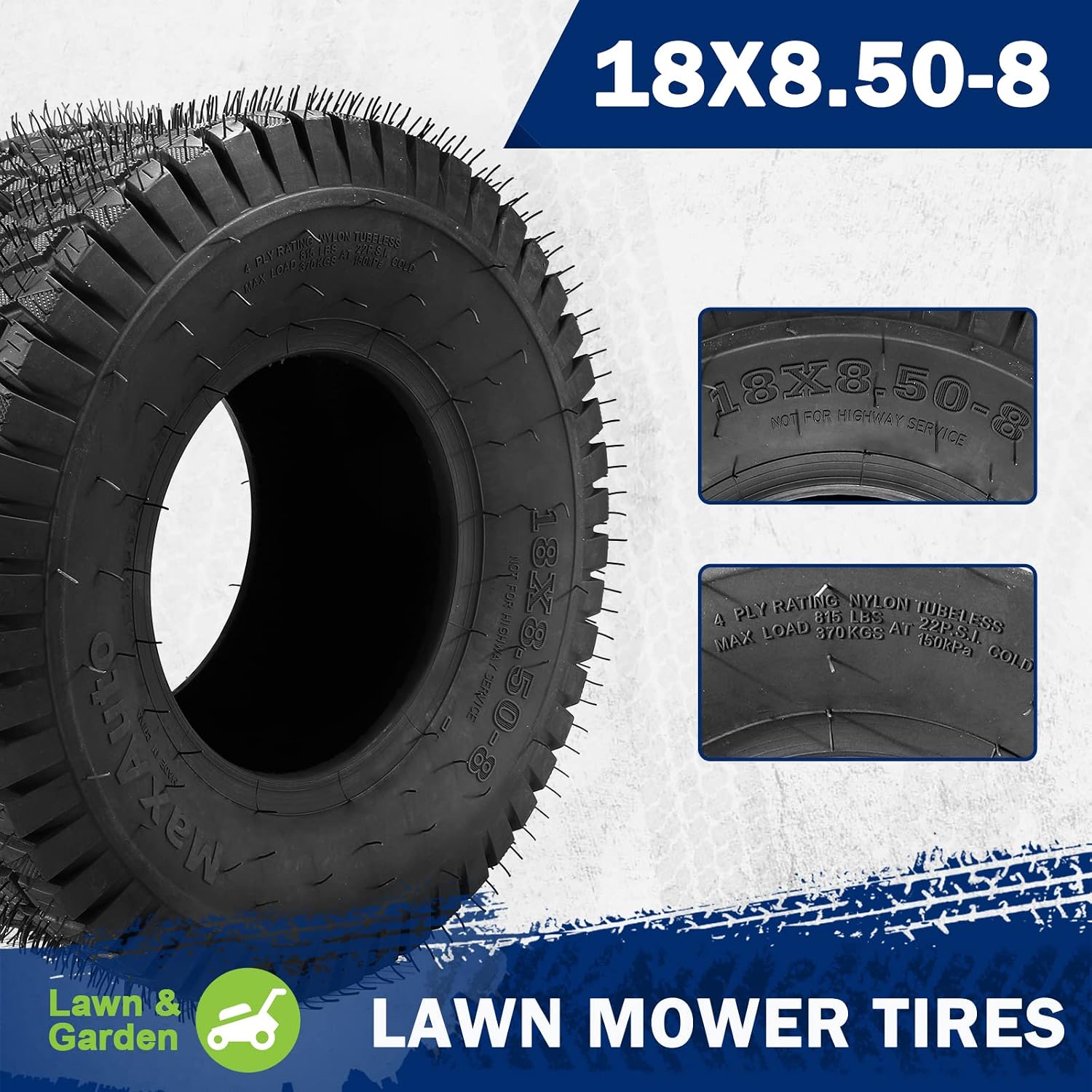 MaxAuto FOX V1 Patent Design 15x6.00-6 & 18x8.50-8 Lawn Mower Front & Rear Tire Set,15x6.00x6nhs Front and 18x8.50x8nhs Rear Tires for Golf Cart, Lawn & Garden Tractor, 4Ply,4 Pack in 2 Packages