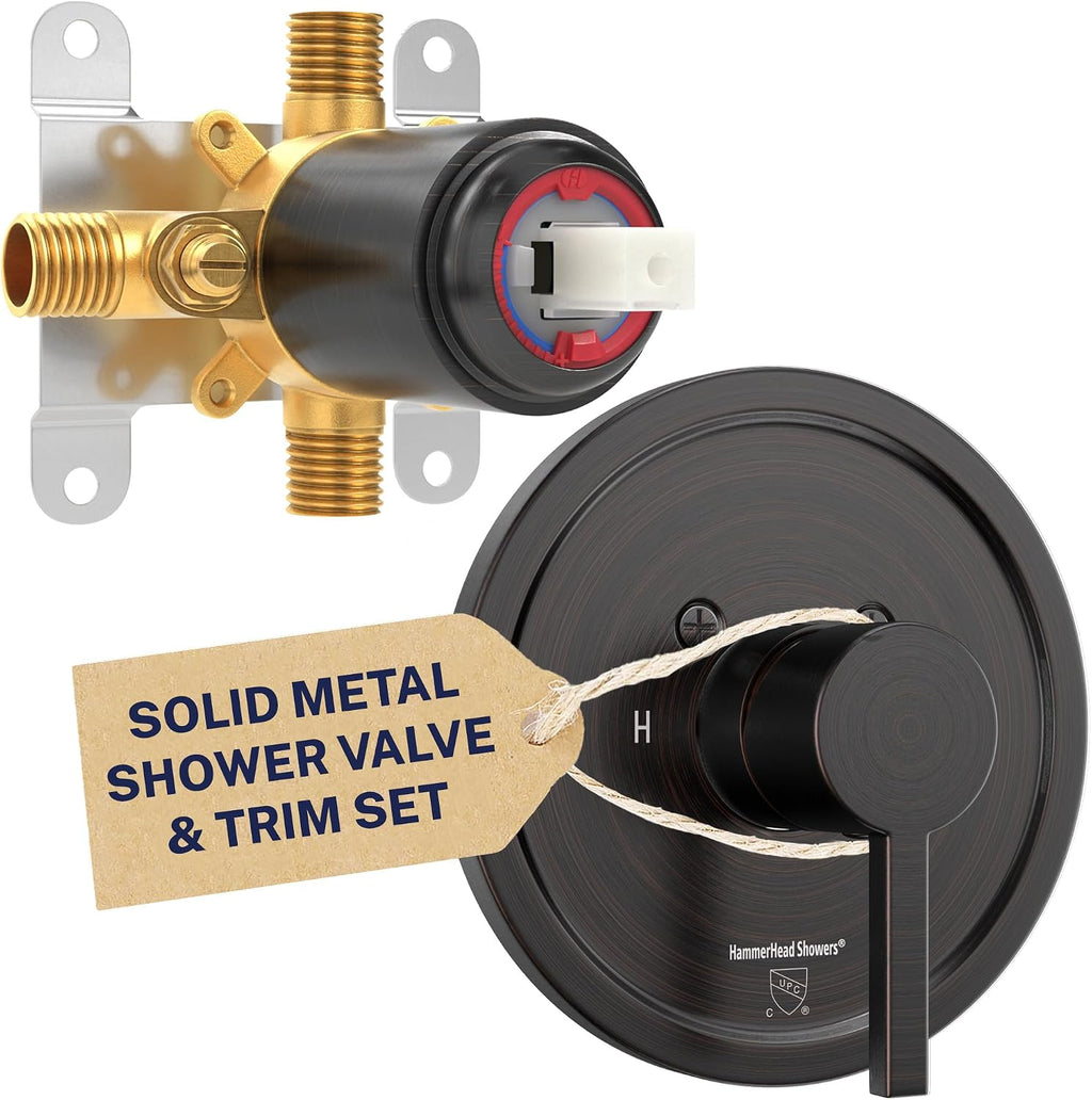 HammerHead Showers Solid Metal Single-Handle Trim Kit with Rough-In Shower Valve, Volume and Temperature Control, Pressure Balance, Oil Rubbed Bronze