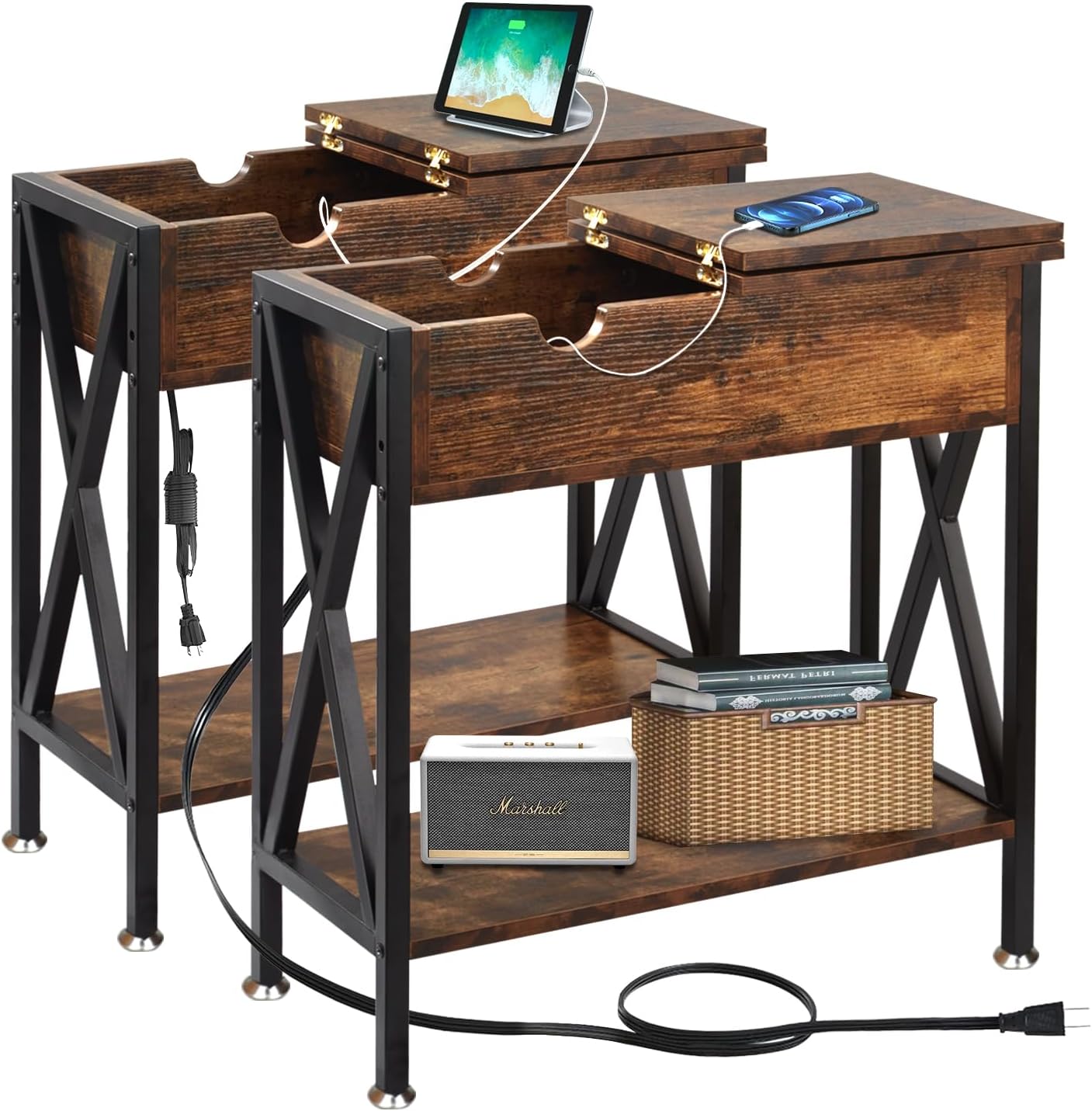 TooCust End Tables Living Room Set of 2, Narrow Side Table with Charging Station, 12' D x 24' W x 24' H, Flip Top End Table with USB Ports and Outlets, Couch End Tables Set of 2, Steel X-Shaped Frame