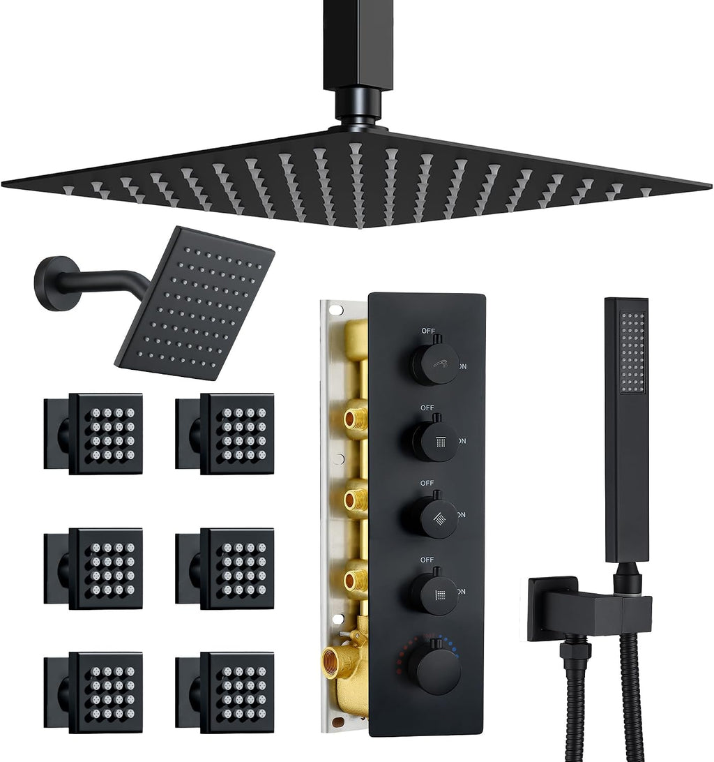 Dasan Thermostatic Dual Shower Head System with 6 Body Jets, 6-Inch Shower Head & 16' Rainfall Shower, Luxury Matte Black Shower Faucet Set Rain Shower Head System for Couples/ 2-Person