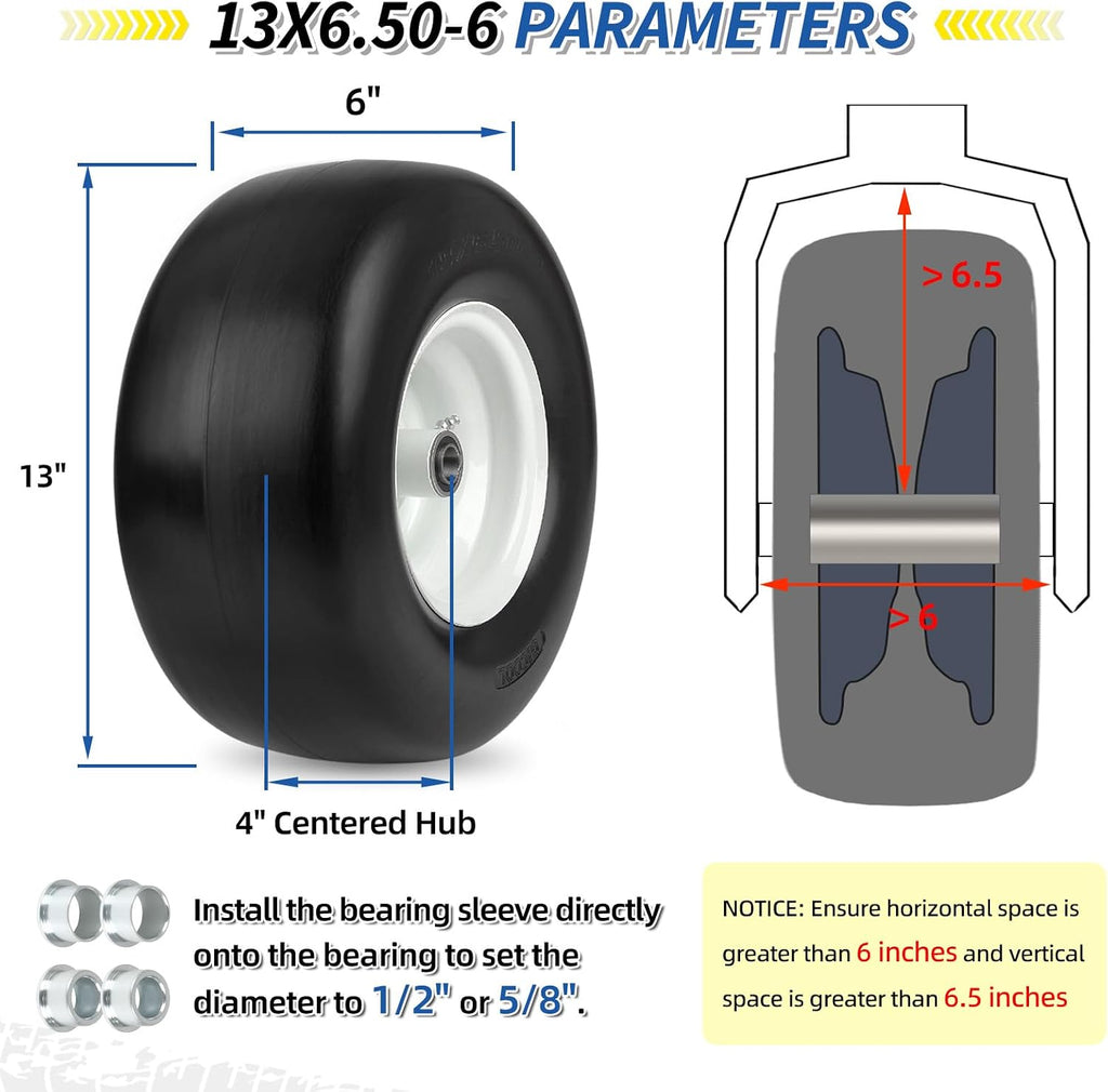 13x6.50-6' Flat Free Lawn Mower Tire and Wheel, Comes with Saver Ramp, 3/4' or 5/8' or 1/2' Bearing Bore, 3'-3.5'-4'-4.5'-5' Centered Hub, Smooth Tread Tire for Zero Turn Mowers, 2 Pcs
