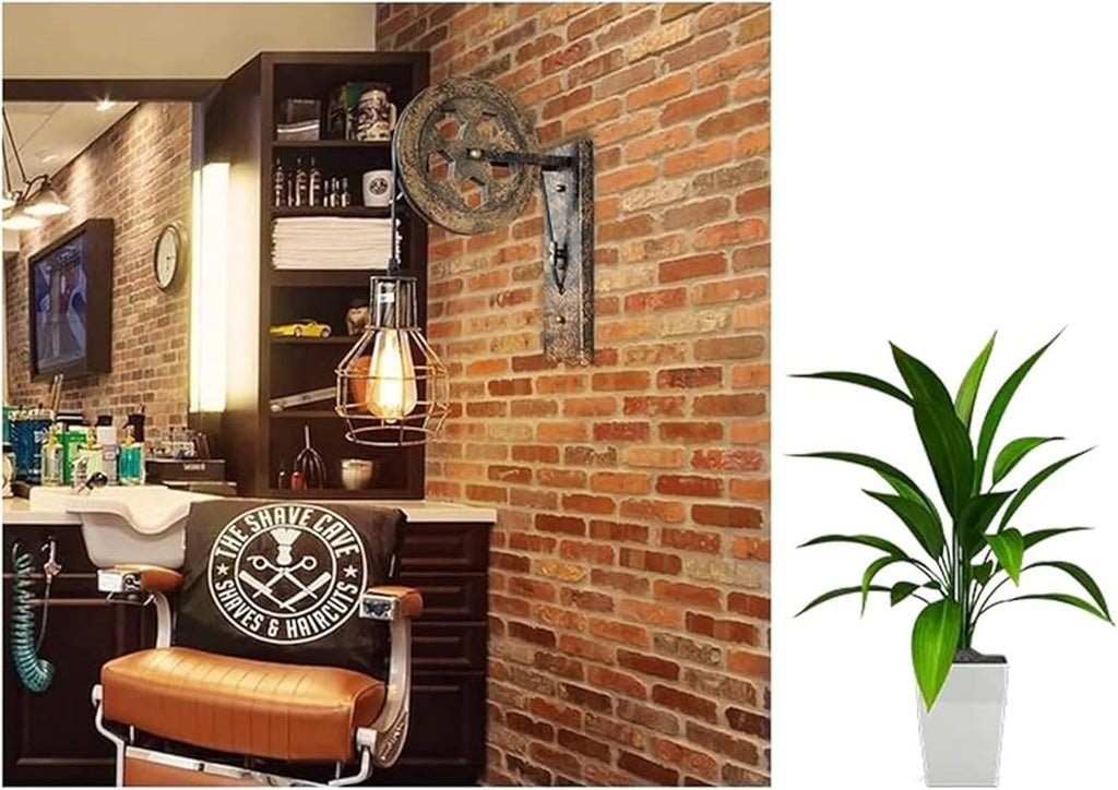 Wall Lamps & Sconces Industrial Pulley Wall Sconce Vintage Style Wrought Iron Cage Wall Lamp with Wheel Arm and Cylinder Shade Mid-Century Wall Lighting Fixture Black Wall Mounted Light for Bed(A)