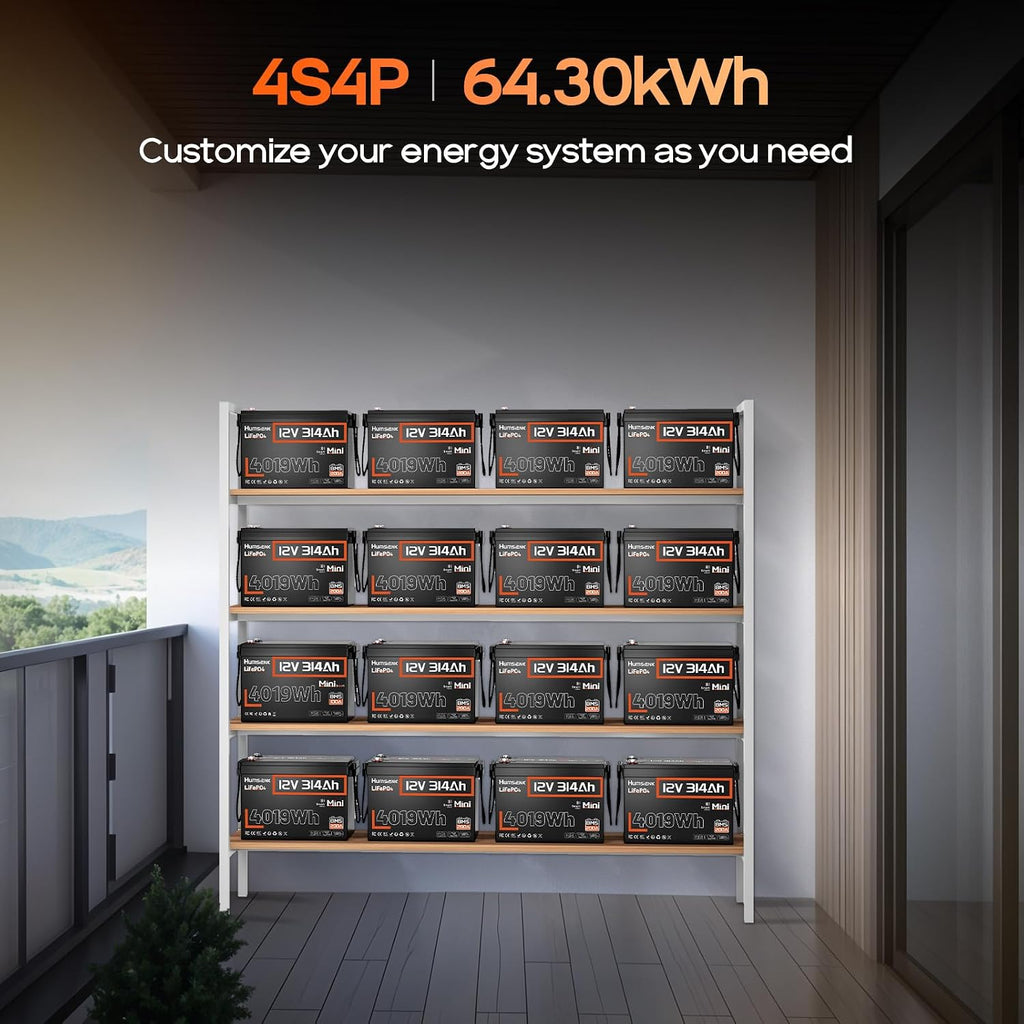 HumsiENK 12V 300Ah (314Ah) LiFePO4 Lithium Battery Mini Size, Bluetooth 200A BMS, 15000+ Deep Cycles, Low-Temp Protection – for RV, Marine, Solar, Off-Grid, Home Backup (Compact & Lightweight)