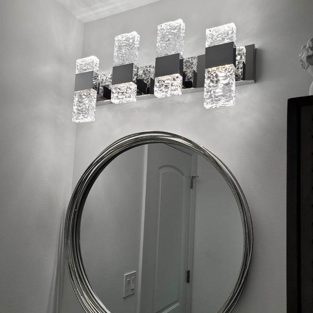 Modern LED Bathroom Vanity Light Fixtures Chrome Stainless Steel 4 Light Wall Sconces Over Mirror 28 Inch 40w Crystal Cool White 5800K Dimmable