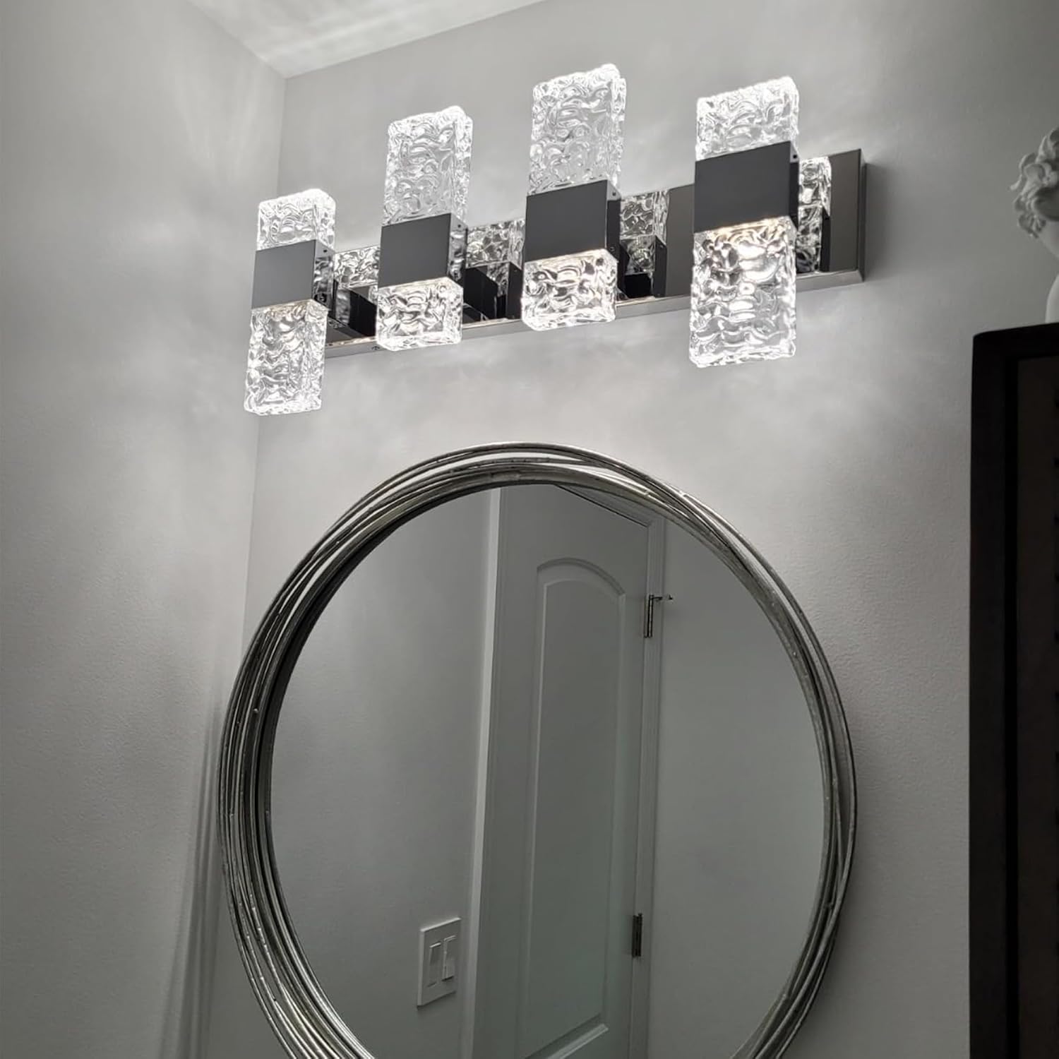 Modern LED Bathroom Vanity Light Fixtures Chrome Stainless Steel 4 Light Wall Sconces Over Mirror 28 Inch 40w Crystal Cool White 5800K Dimmable