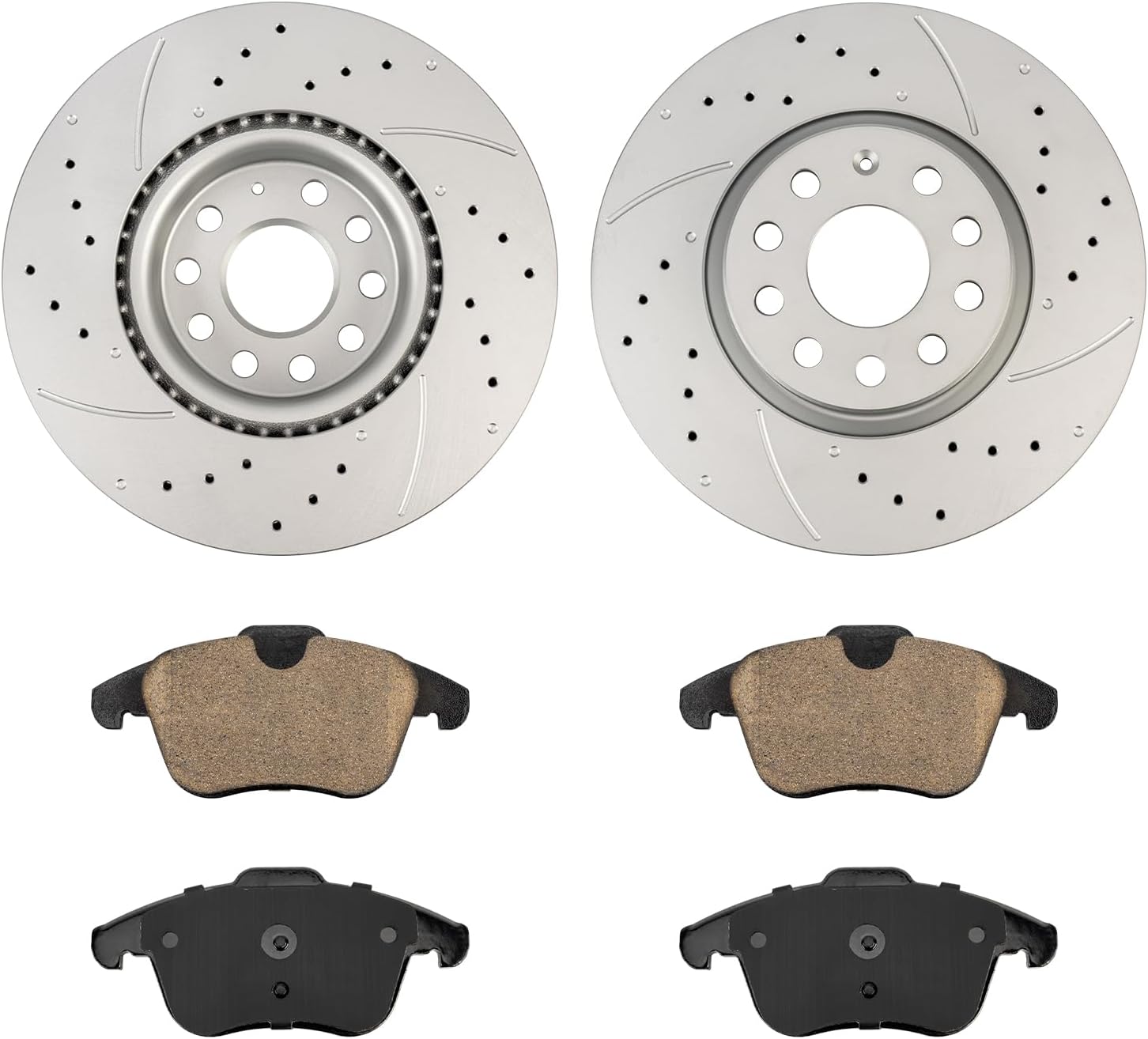 KAX Front Rotors and Brake Pads kit for Volkswagen Passat Tiguan Audi Q3, Drilled and Slotted Disc Brake Rotor Ceramic Brake Pads Replacement (#34279+D1375, 12.28inch, 312MM)
