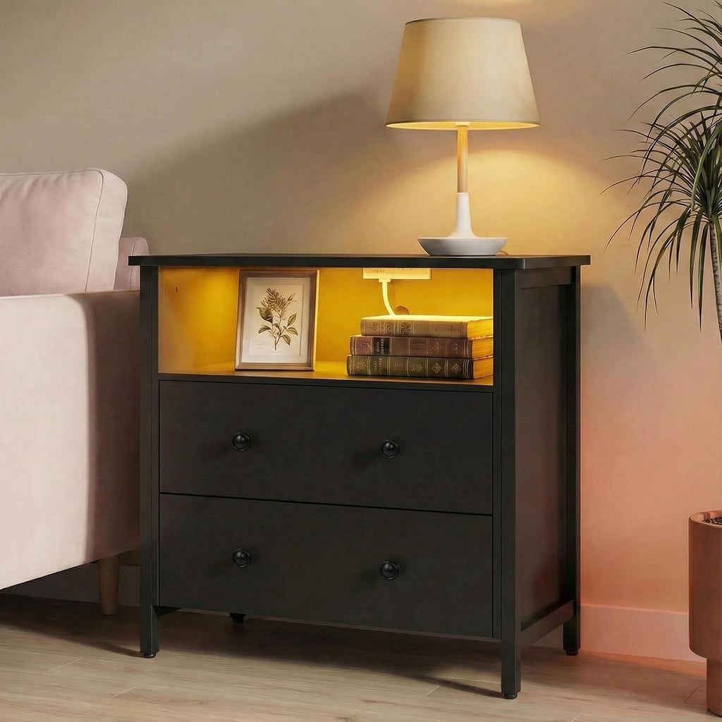 27 Inch Wide Night Stand, Large Wood Night Stand Set 2 with 2 Drawers, LED Nightstand with Charging Station and Adjustable Drawer, Bedside Table for Living Room/Bedroom/Study/Office, Black.