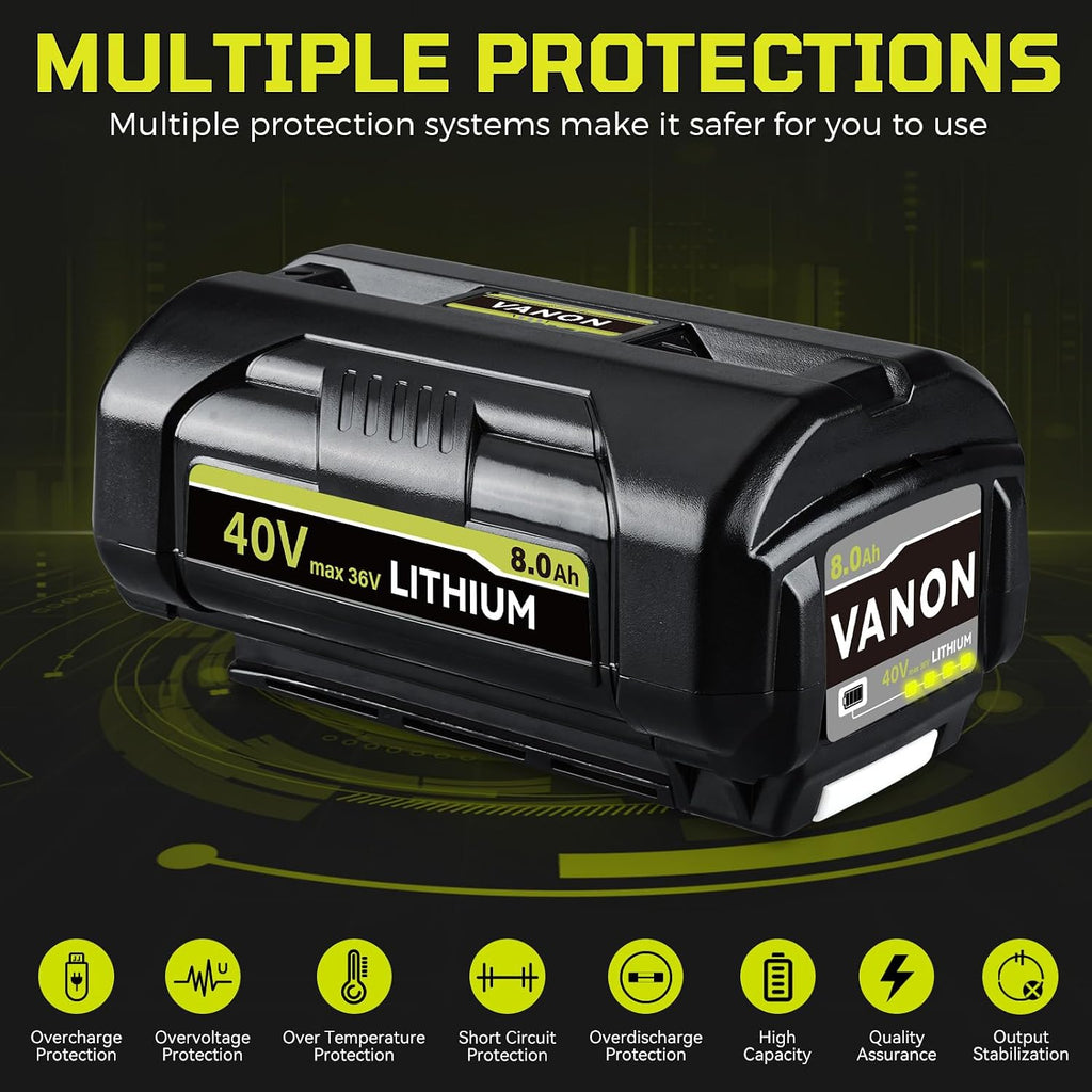 VANON OP4040 8.0Ah 40V Lithium-Ion Battery Compatible with Ryobi 40V Tools Replacement for OP4015 OP4026 OP40201 OP40261 OP4030 OP40401 OP4050 OP40501 RY40200 with LED Indicator 2-Pack