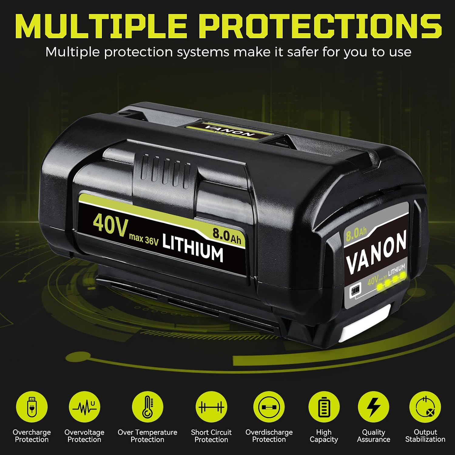 VANON OP4040 8.0Ah 40V Lithium-Ion Battery Compatible with Ryobi 40V Tools Replacement for OP4015 OP4026 OP40201 OP40261 OP4030 OP40401 OP4050 OP40501 RY40200 with LED Indicator 2-Pack