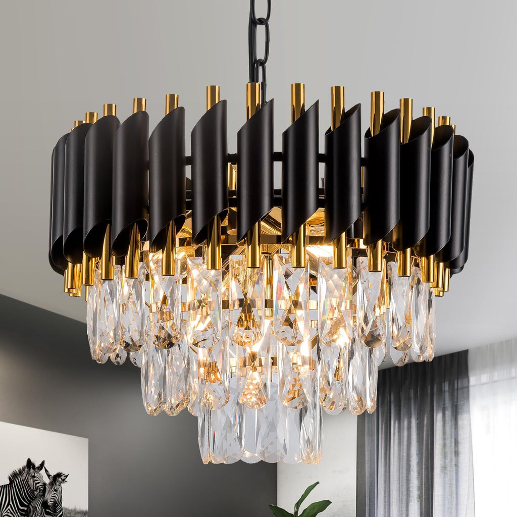 3-Tier Black Gold Crystal Chandelier 5-Light 15'' Modern Crystal Pendant Chandelier Ceiling Light Fixture Hanging Lighting for Kitchen Island Dining Room Foyer Entryway Bedroom