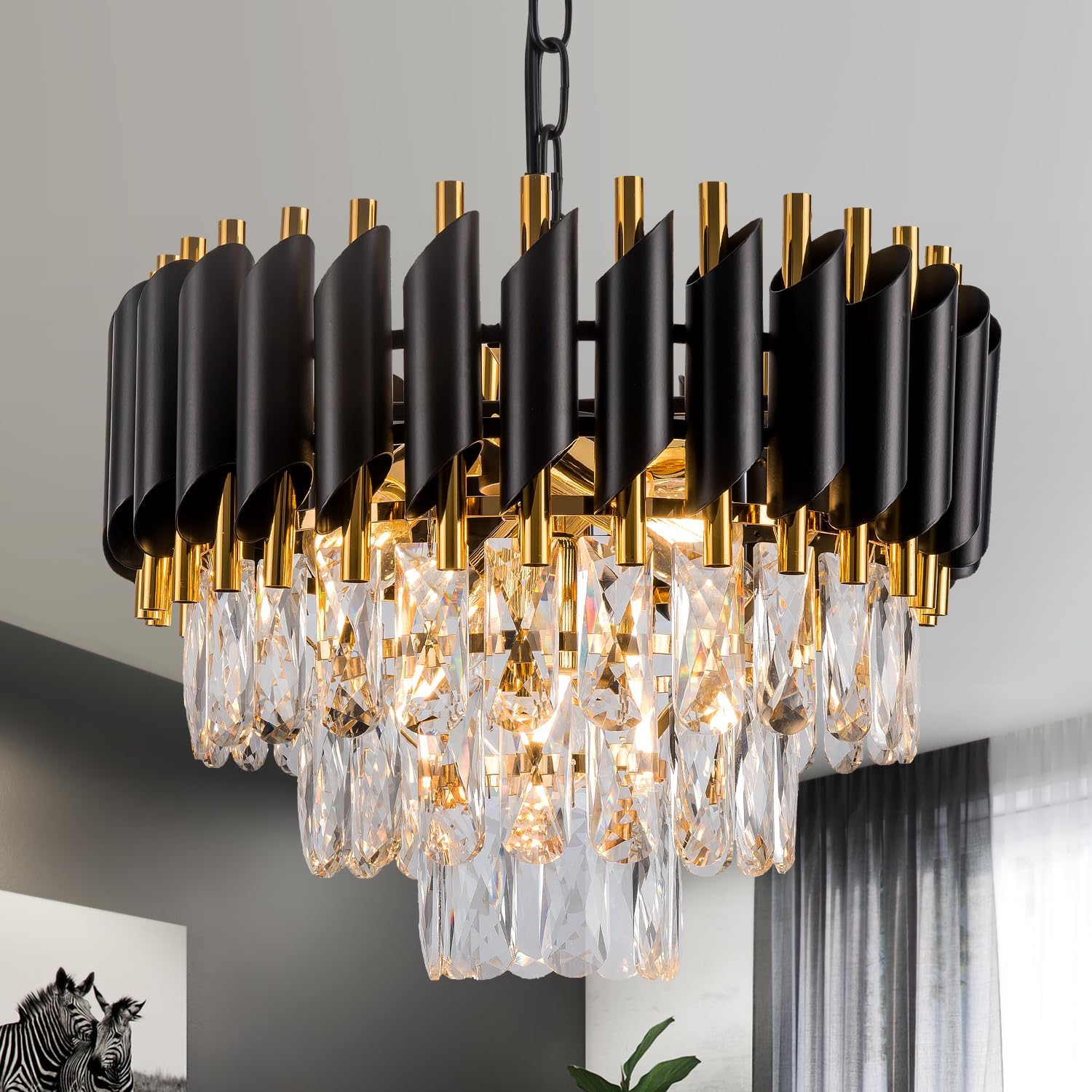 3-Tier Black Gold Crystal Chandelier 5-Light 15'' Modern Crystal Pendant Chandelier Ceiling Light Fixture Hanging Lighting for Kitchen Island Dining Room Foyer Entryway Bedroom
