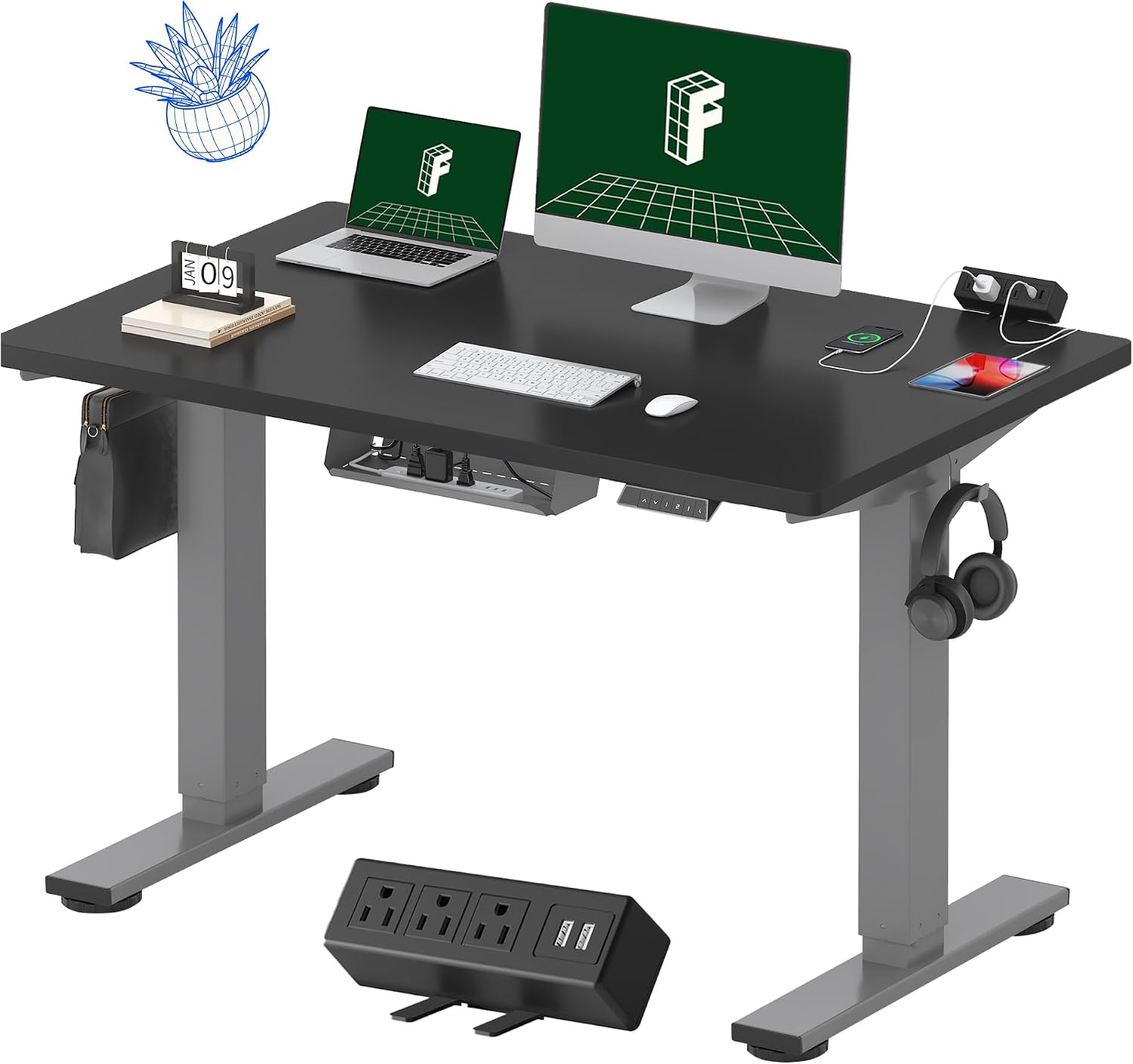 FLEXISPOT EN2 Whole-Piece Standing Desk with Clamp Power Strip, 48 x 30 Electric Stand Up Height Adjustable Desk with Cable Management (Gray Frame + 48' Black Top, 2 Packages)