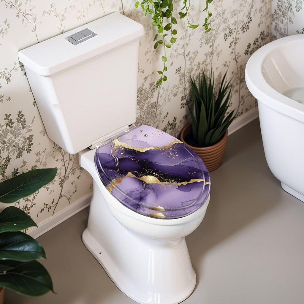 Round Toilet Seat Purple marble gold stripes alcohol ink Luxury violet black watercolor Resin Toilet Seat Slow Quiet Close Lid with Quick-Release Hinges Cover Bumpers Easy to Clean Install