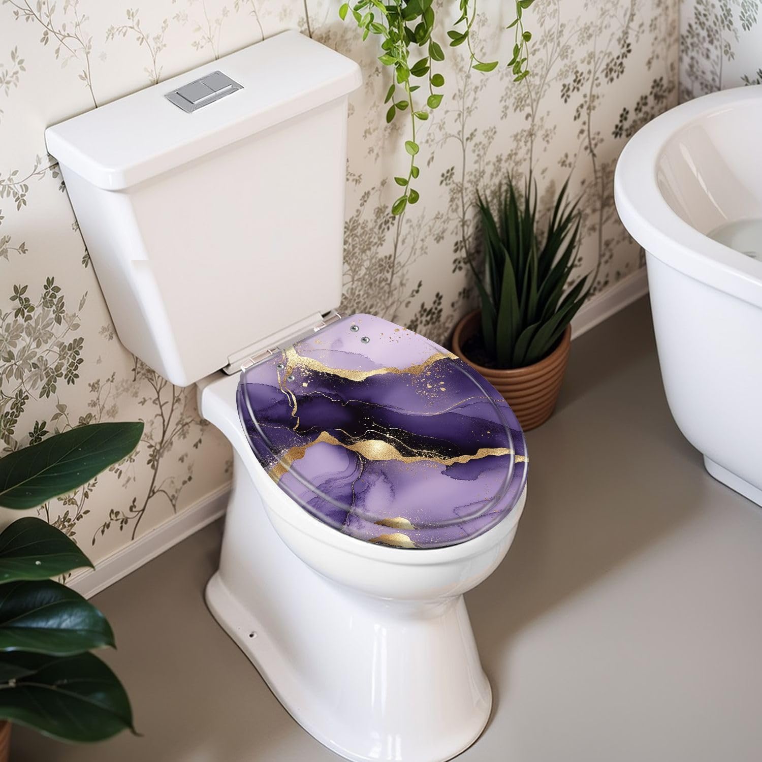 Round Toilet Seat Purple marble gold stripes alcohol ink Luxury violet black watercolor Resin Toilet Seat Slow Quiet Close Lid with Quick-Release Hinges Cover Bumpers Easy to Clean Install