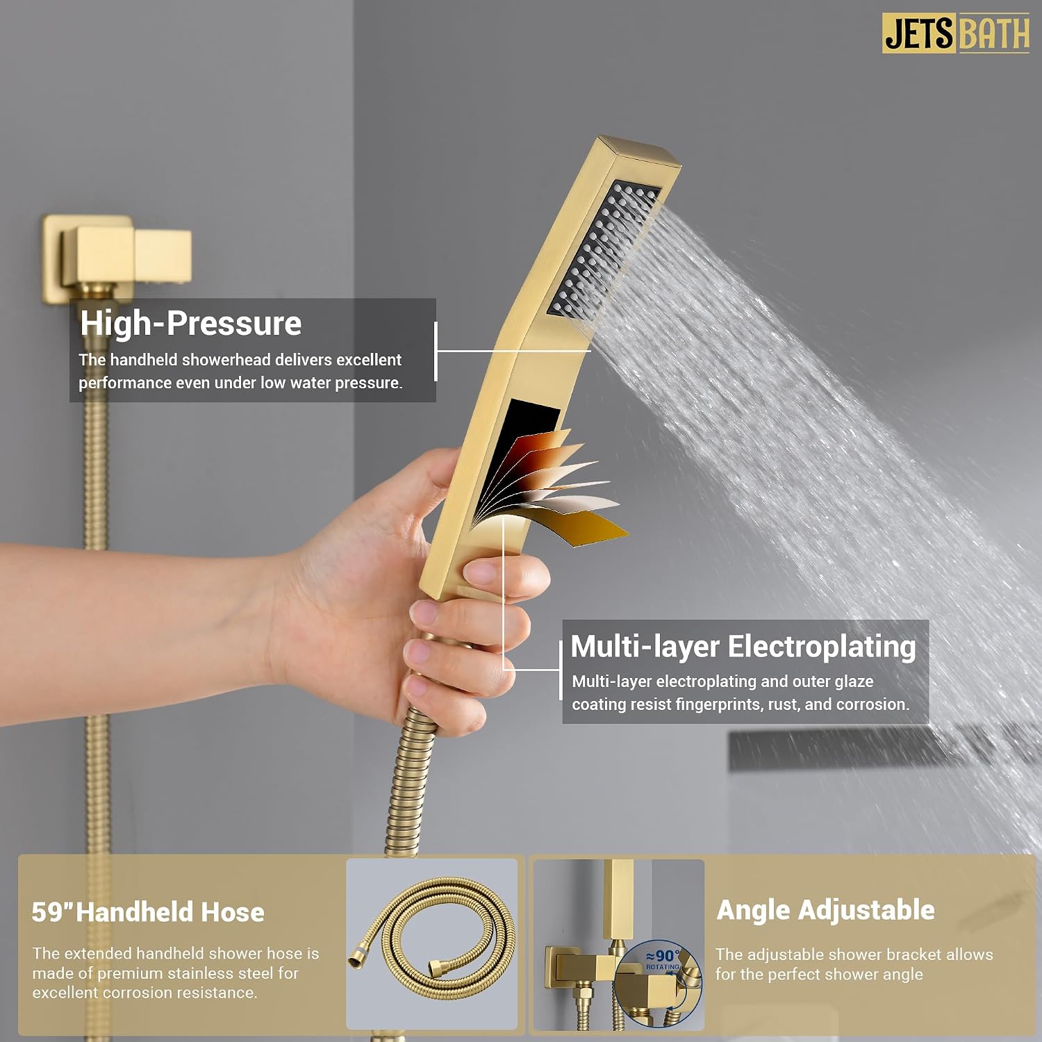 16' Thermostatic Rain Shower System with 6 Body Jets & 16-Inch Rainfall Shower Head, JetsBath Full Body Shower Faucet Sets with Valve & Handheld, Brushed Gold Luxury Wall Mount Shower Faucet Set
