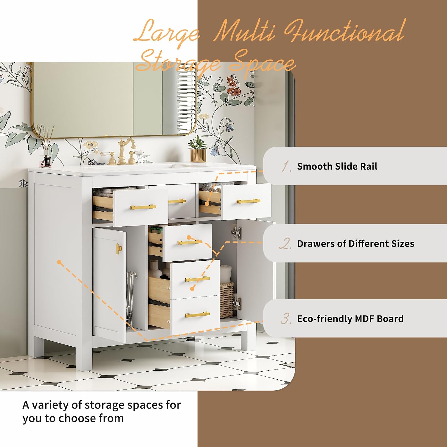 Virubi 36' Bathroom Vanities with Single Sink Set, Bathroom Storage Cabinet with 4 Drawers and 2 Soft Closing Doors, Solid Wood Frame Bathroom Sink Vanities (White)