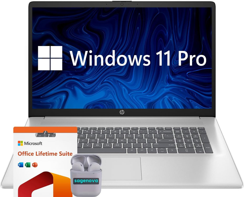 HP 17.3' Business Laptop Computer, Windows 11 Pro 17 Inch Laptop 32GB RAM 2TB SSD, Intel Core i3-N305 8-Core, Microsoft Office Lifetime Suite, Numeric Keypad, SageNova Earphones, Natural Silver