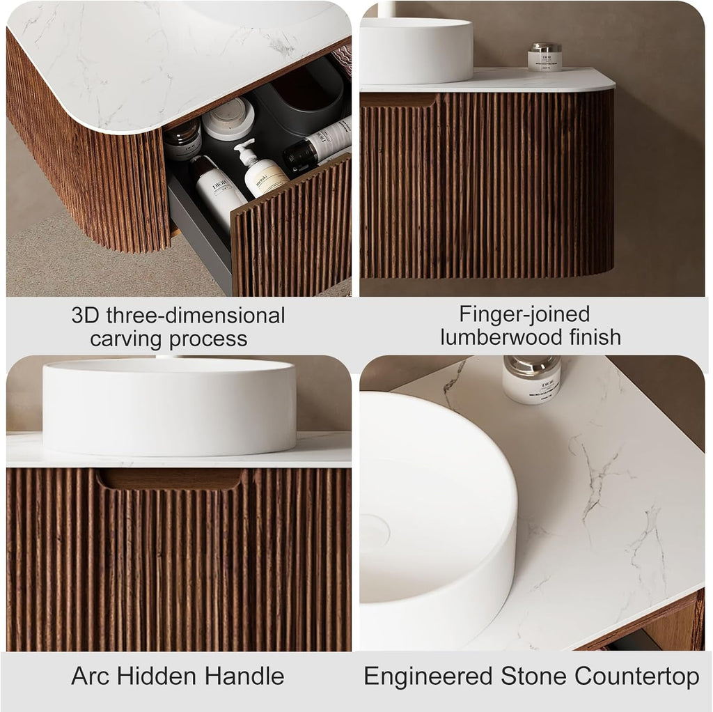 24' Modern Floating Bathroom Vanity with Sink, Wall-Mounted Cabinet with Ultra-Thin Ceramic Basin and Marble Top, Extra Large Storage Drawer, Soft-Close Design, Dark Walnut