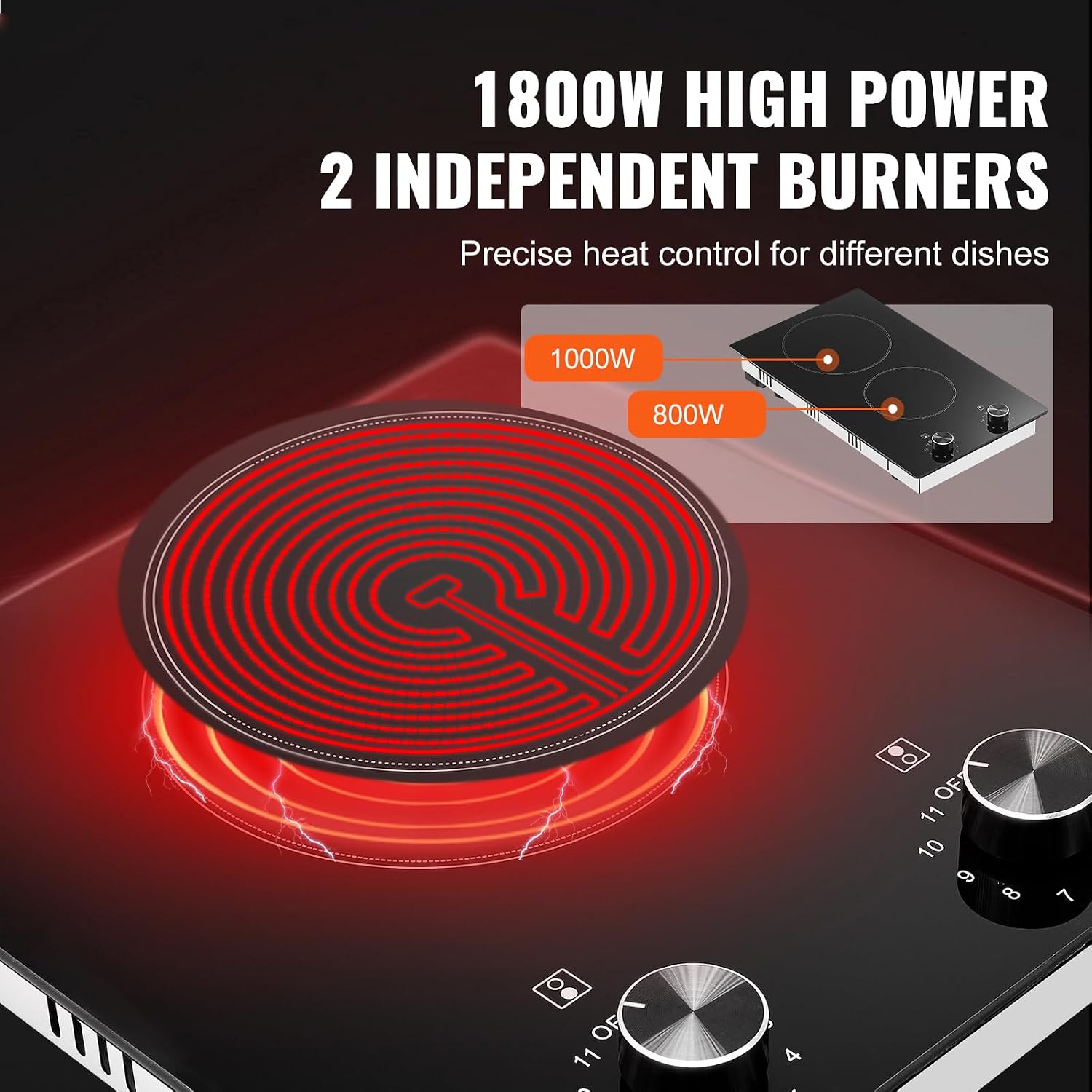 Happybuy 12-inch 2-Burner Electric Cooktop, 1800W Ceramic Radiant Stove, Glass Panel, Knob Control, 11 Heat Levels, 120V, Built-in, for Versatile Cooking