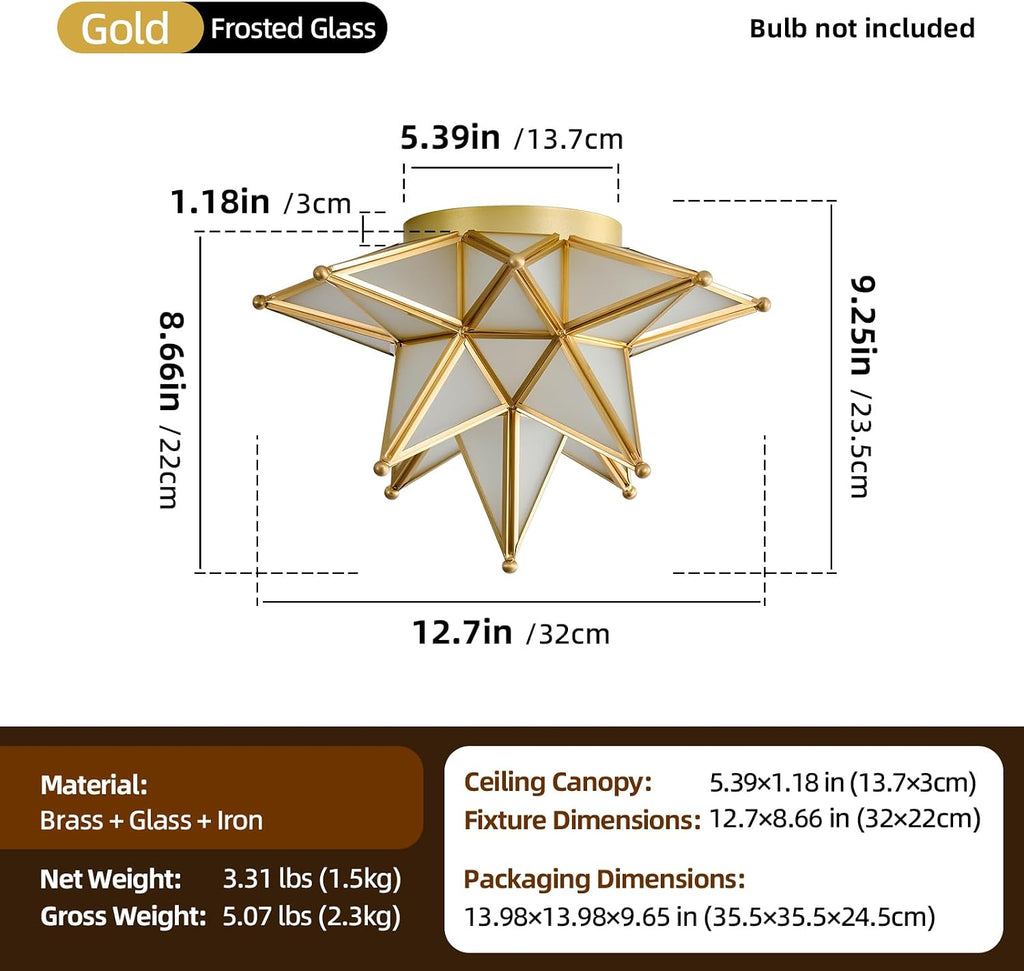 Moravian Brass Star Ceiling Light - Gold Vintage Antique Flush Mount Lighting - Art Deco Mid Century Milk Glass Fixture Lights for Hallway Bedroom Room Hall Entryway Laundry Foyer Kitchen Schoolhouse