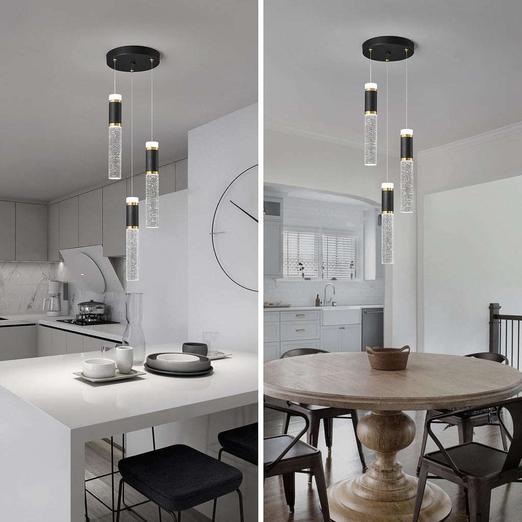 3-Light Pendant Lights Kitchen Island, Dimmable LED Pendant Light Fixtures, Black Gold Pendant Light Modern with Bubble Crystal Pendant Light, Pendant Lighting for Kitchen Island Dining Room