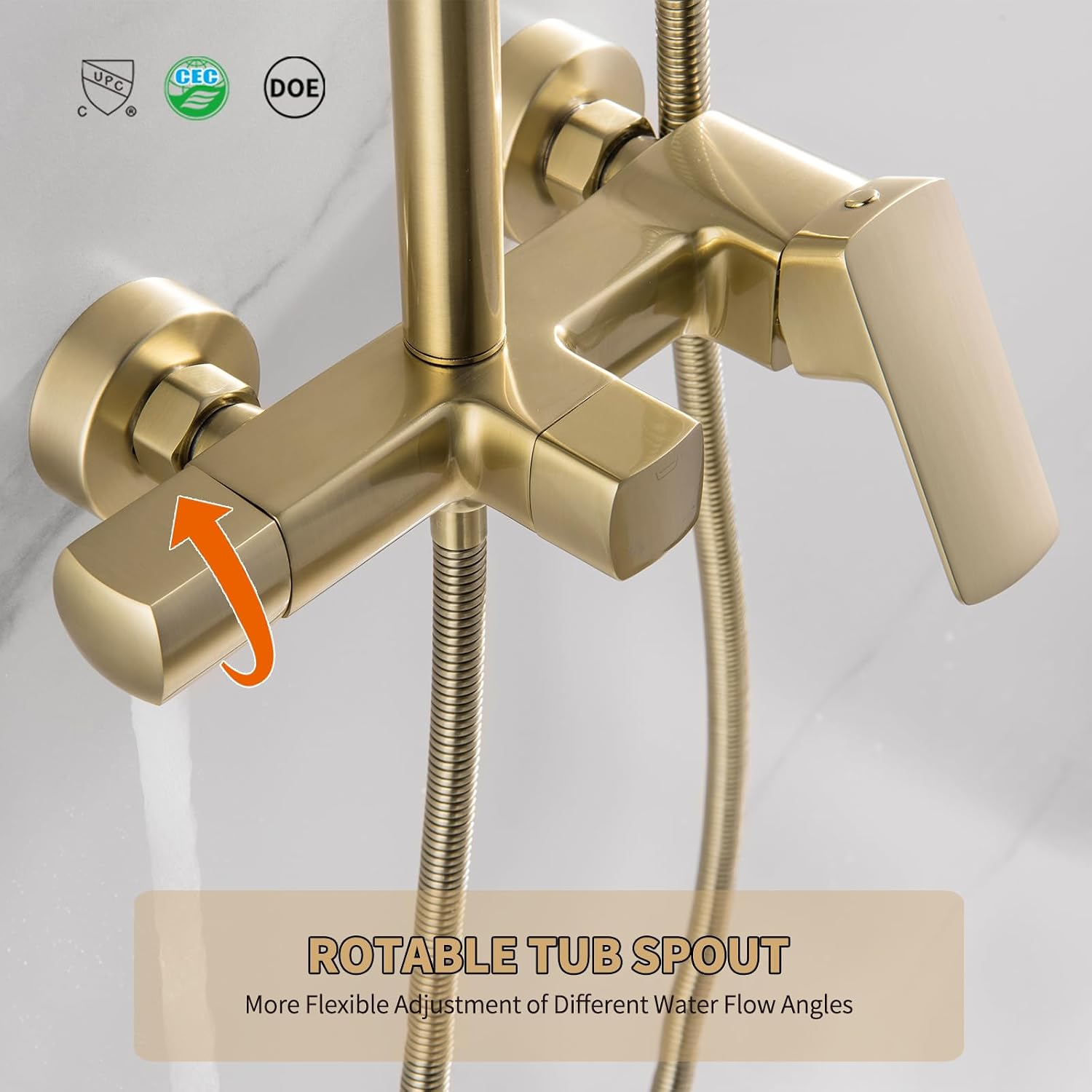 Exposed Shower System with Rain Shower and Handheld Sprayer, Outdoor Shower Fixture with Tub Spout, Rainfall Showerhead Faucet Combo Set for Bathroom Height Adjustable Shower Mixer Brushed Gold