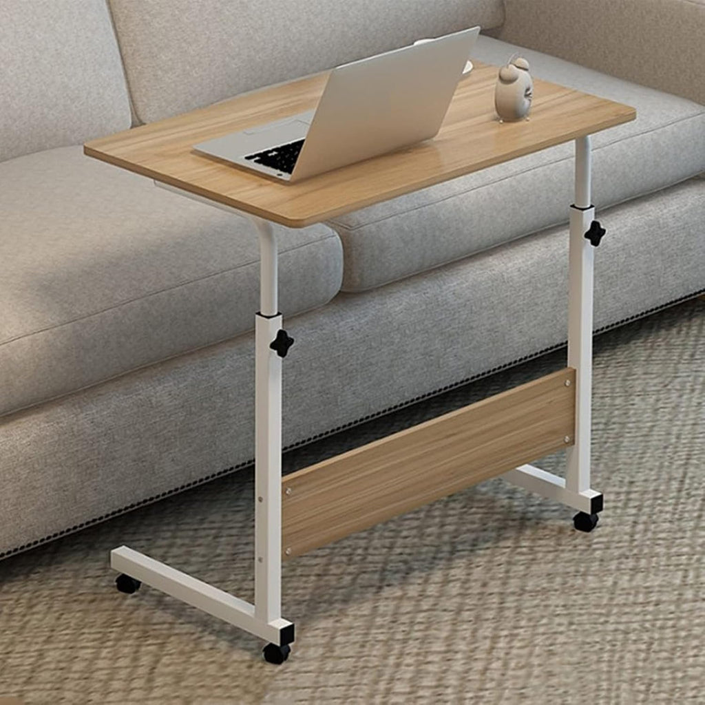 C Shaped End Table Adjustable Overbed Bedside Table with Wheels Rolling Laptop Tray Desk Cart Portable Mobile Sit Stand Desk Tilting Hospital Bed Table (Wood Color)