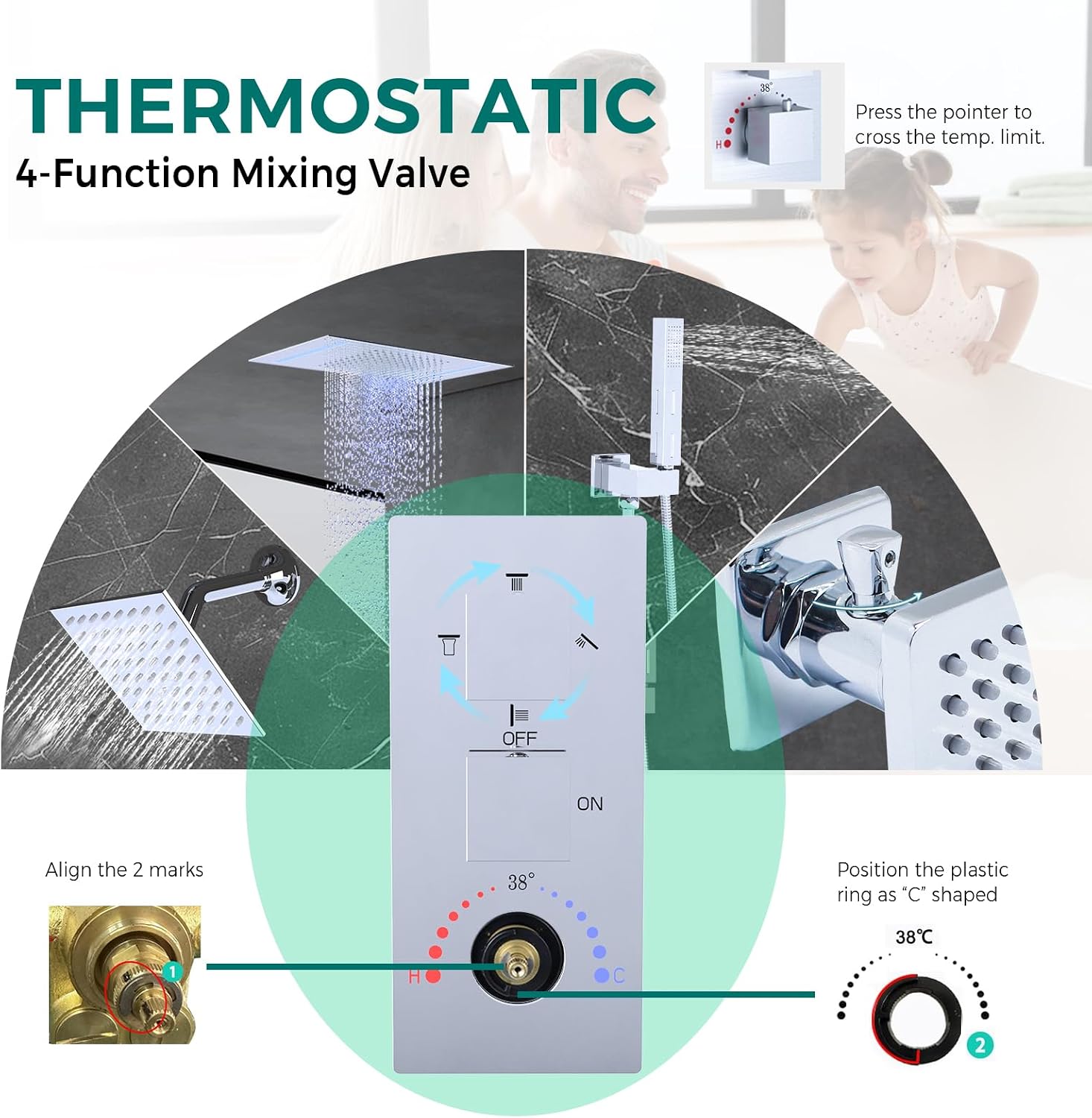 Thermostatic Dual Heads Shower System Chrome Faucets Set, 4-Way Full Body Spray Shower Fixtures 14X20' LED Rainfall Shower Head with 6' Wall Mount Showerhead, Dual-mode Handheld, 4 Jets with Shut-Off