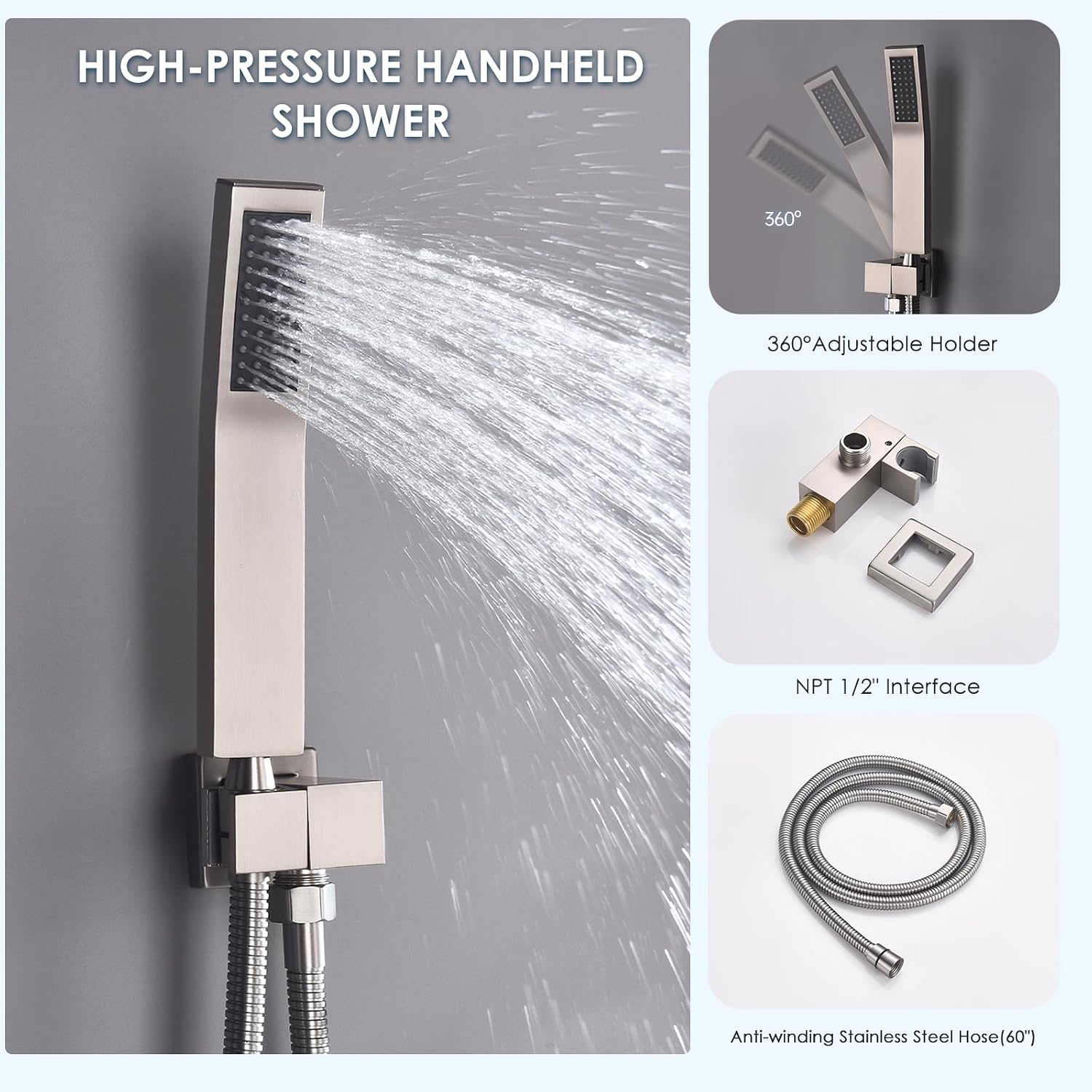Dual Shower Head System Brushed Nickel 12' Ceiling Mount Rainfall Shower and 6' Wall Mounted Shower Head System with Handheld Spray, Push Button Diverter Shower Faucet Set, Can All Run Together