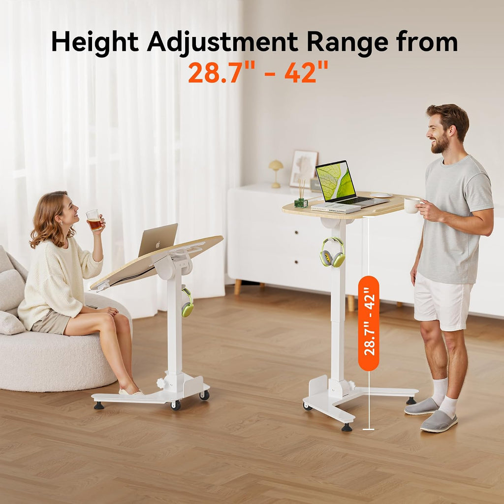WALKINGDESK Folding Pneumatic Height Adjustable Mobile Standing Desk with 90° Tiltable Tabletop, 27.2x18.9 Inch Portable Laptop Desk with Wheels, Holds Up to 66.1lbs for Home Office, Study, Oak