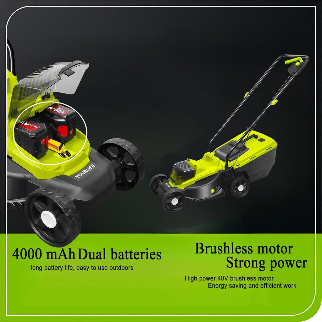 Portable Cordless Lawn Mower, Electric Lawn Mower, Dual Battery, 3400 RMP High Speed Mower, with Large 45 L Grass Box, 33 Cm Cutting Width, 30/50/70 Mm, 3 Adjustable Cutting Heights