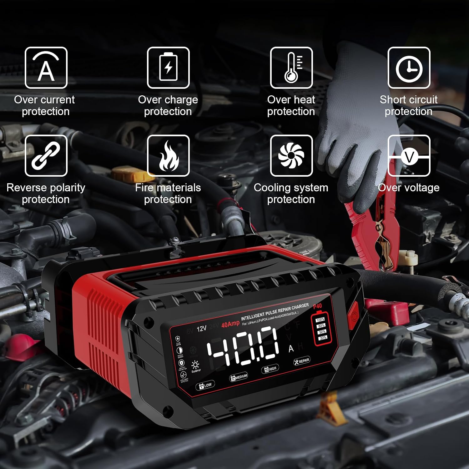 Haisito 40 Amp Car Battery Charger, 12V/24V Lithium LiFePO4 Battery Charger Automatic Battery Maintainer, Portable Smart Trickle Charger for Automotive Car Truck Motorcycle Lawn Mower Boat AGM Gel