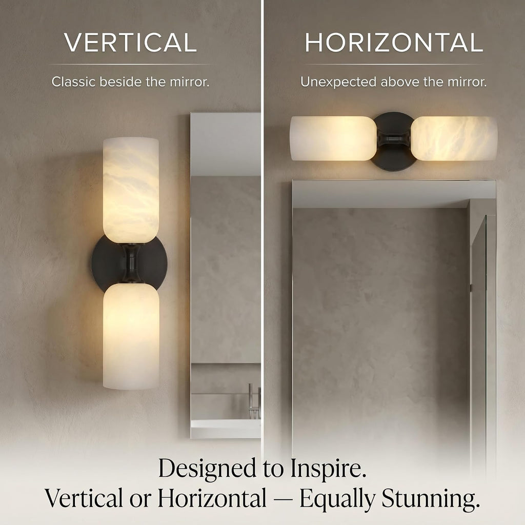 14in Modern Spanish Natural Marble Bathroom Vanity Sconces, Alabaster Wall Sconces Set of Two, Black Alabaster Sconce Wall Lighting, Black Wall Light Fixtures Decor