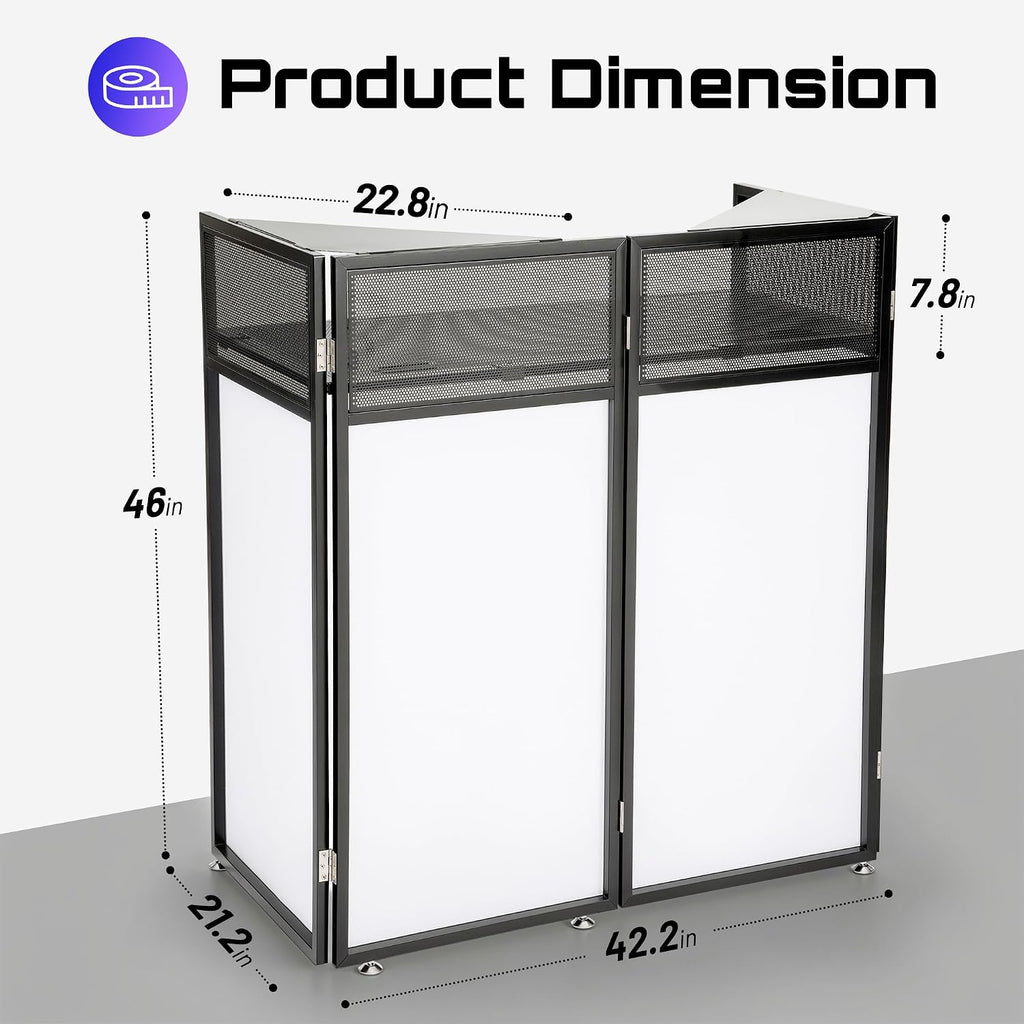CAHAYA DJ Booth Stand Portable – DJ Table Facade for Laptop & Controller Double Top Corners Black & White Scrims for Lighting Easy Setup Foldable Storage with Bag 40'L x 20'W